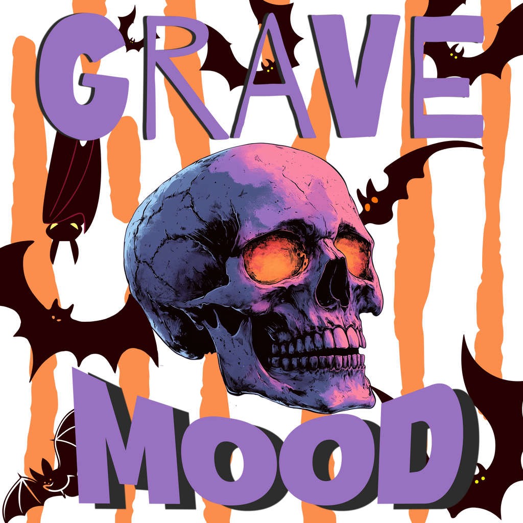 Skull with "Grave Mood" text and bats on orange and grey stripes.