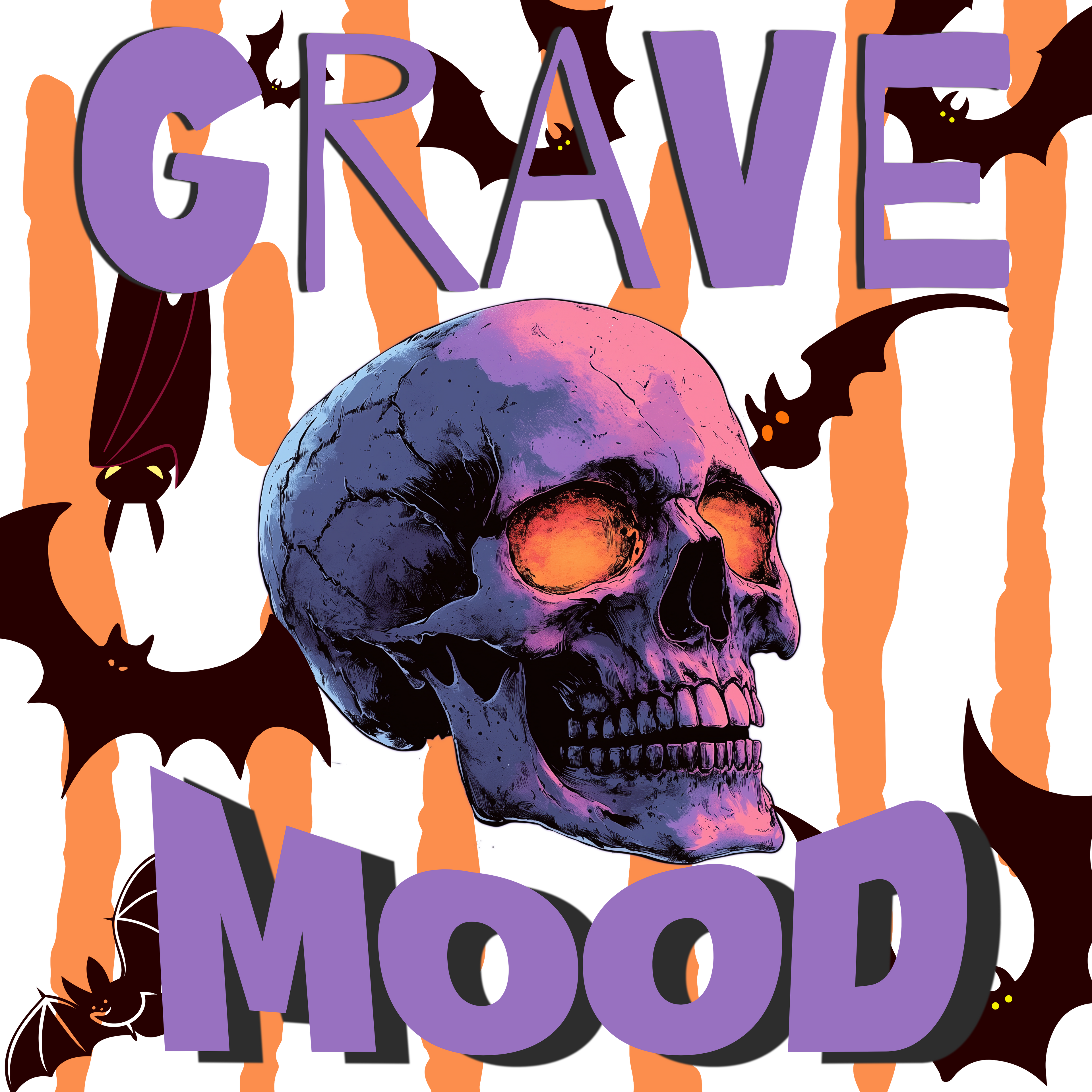 Skull with "Grave Mood" text and bats on orange and grey stripes.