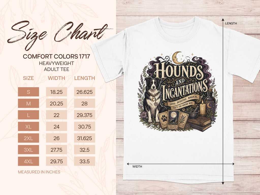 Size chart for Comfort Colors 1717 adult tee with "Hounds and Incantations" graphic.