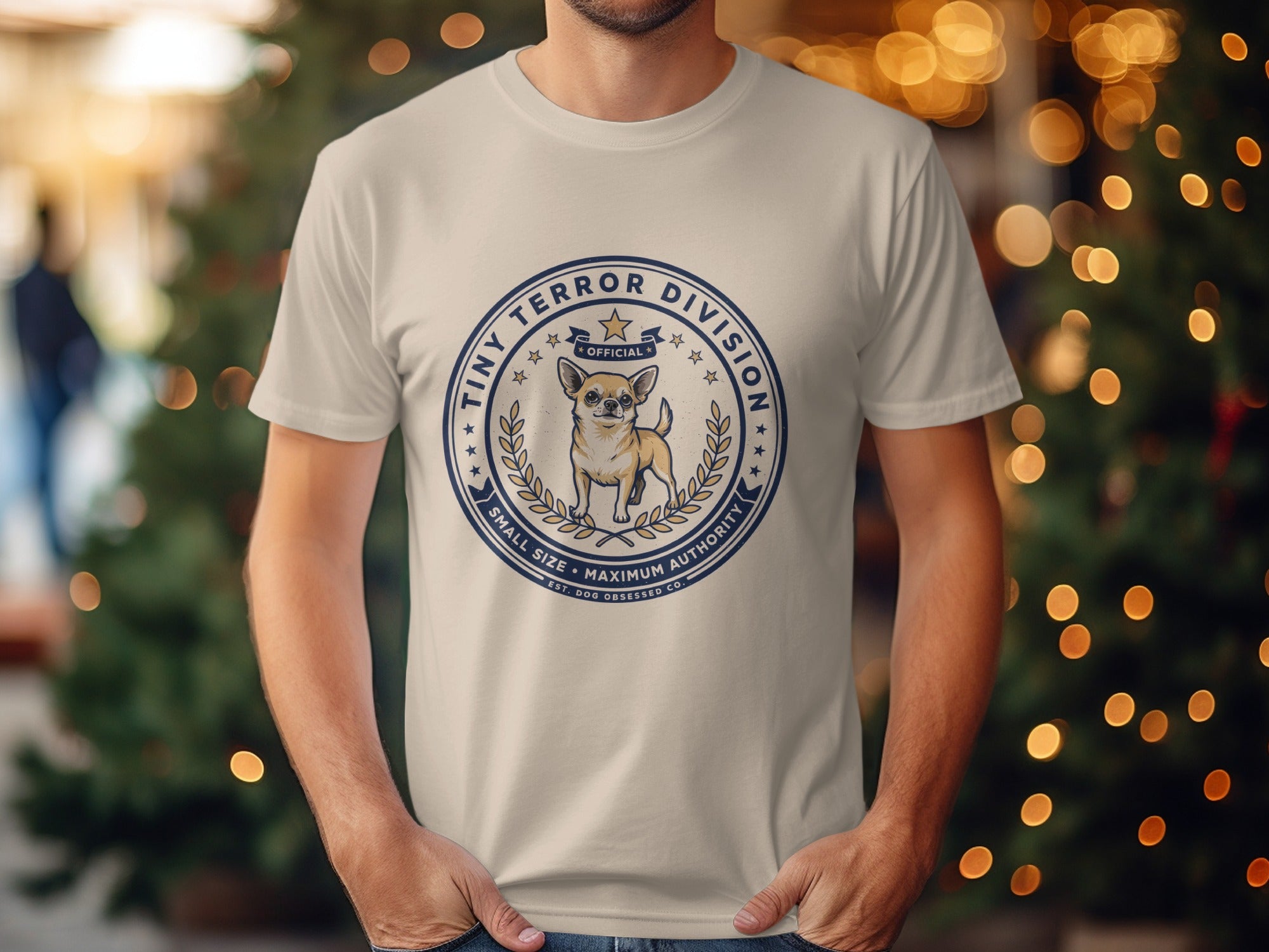 Cream t-shirt with "Tiny Terror Division" seal featuring a chihuahua and laurel leaves.