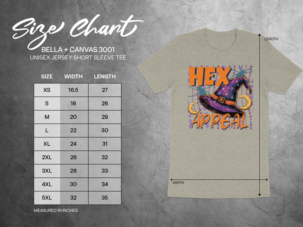 Size chart for Bella + Canvas 3001 unisex tee with "Hex Appeal" graphic.