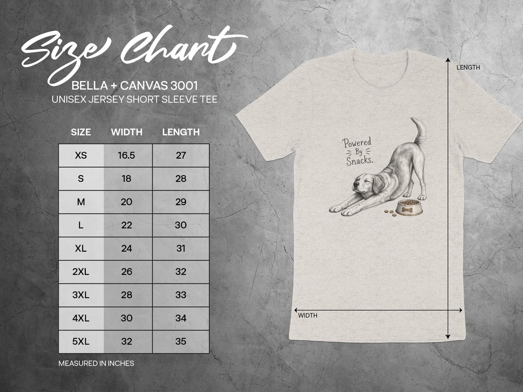 Size chart for Bella + Canvas 3001 tee with dog graphic and text "Powered By Snacks."