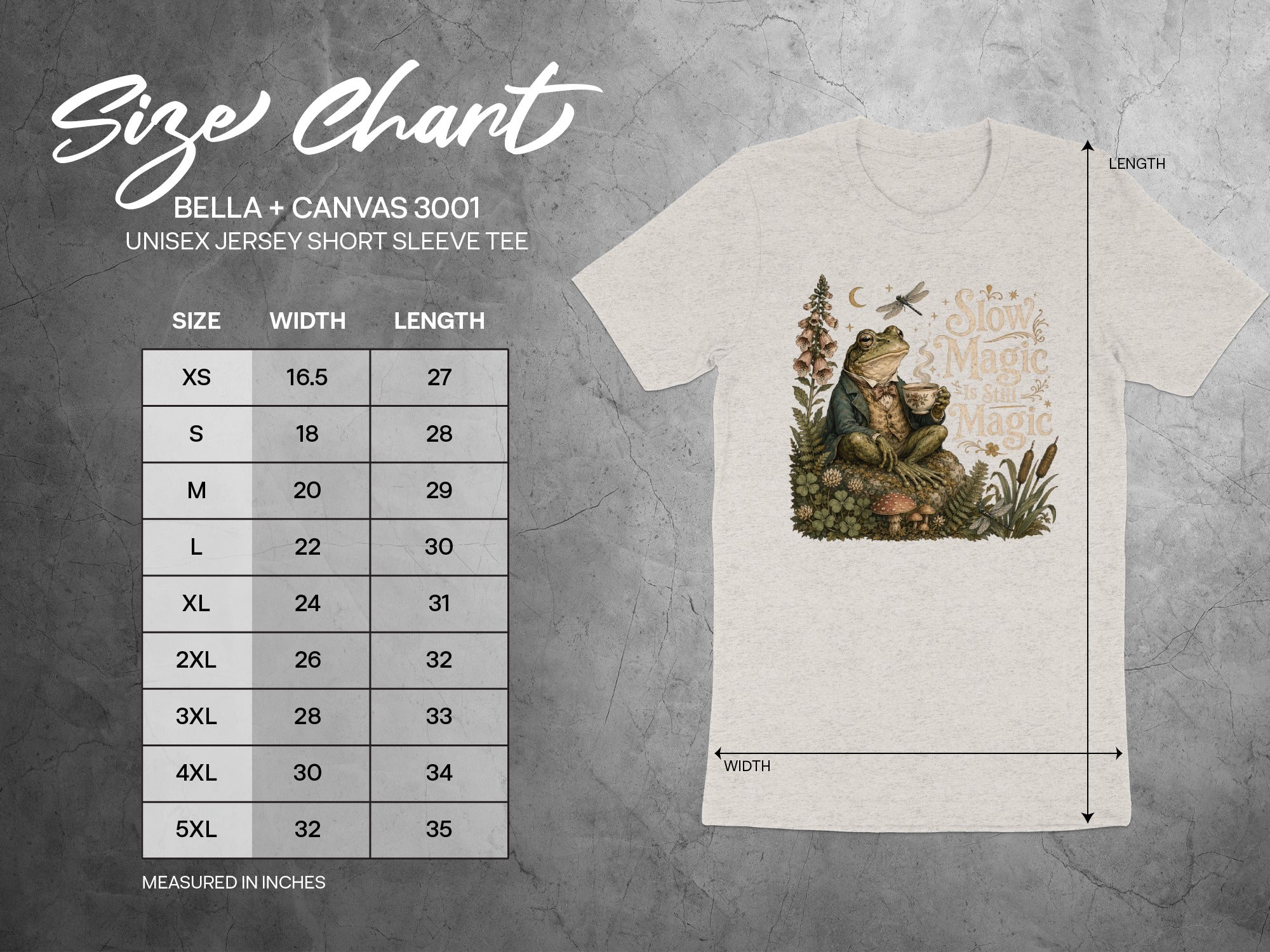 Bella + Canvas 3001 unisex tee size chart with frog graphic, measured in inches.