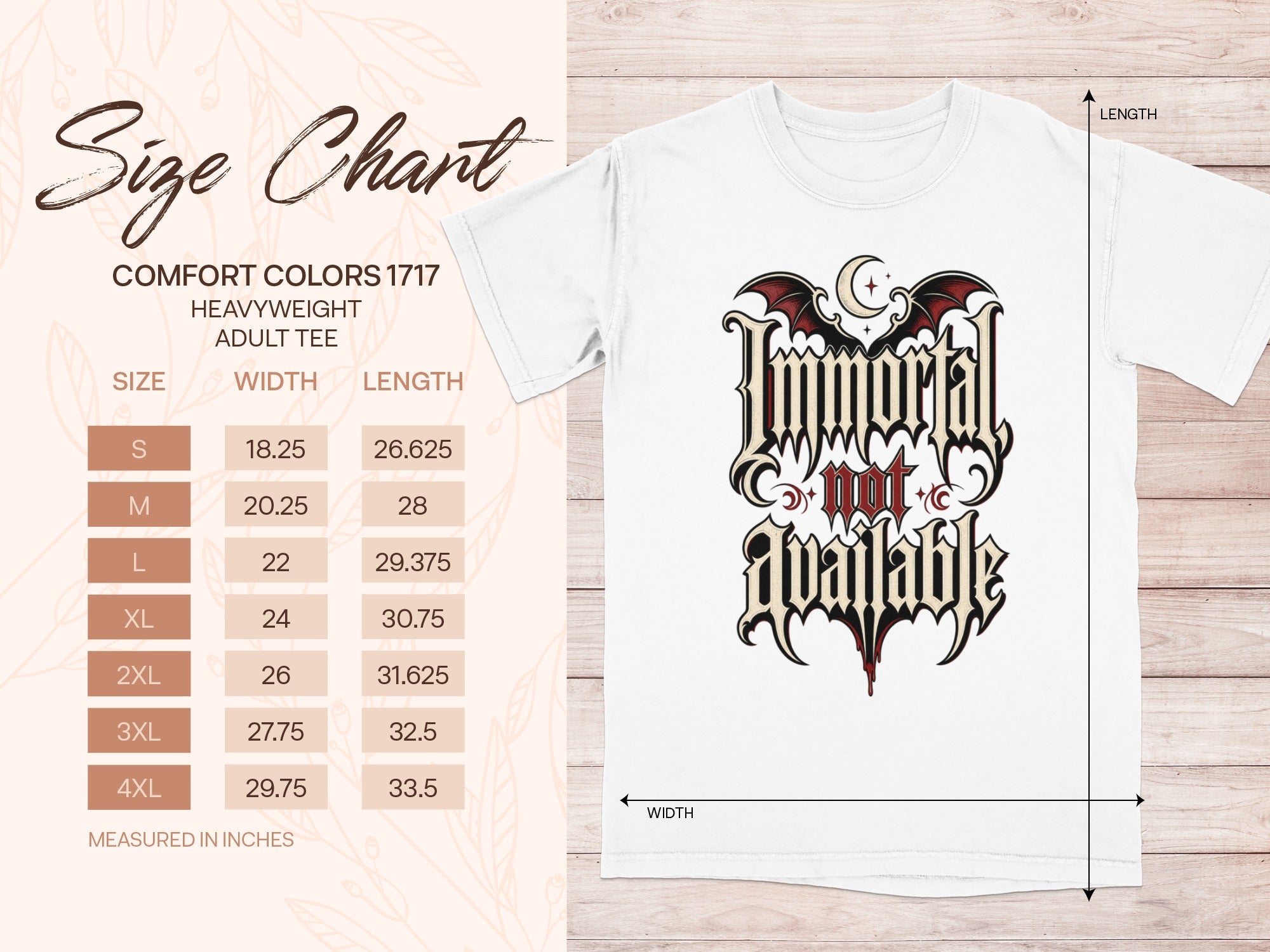 Comfort Colors 1717 adult tee size chart with "Immortal not available" graphic.