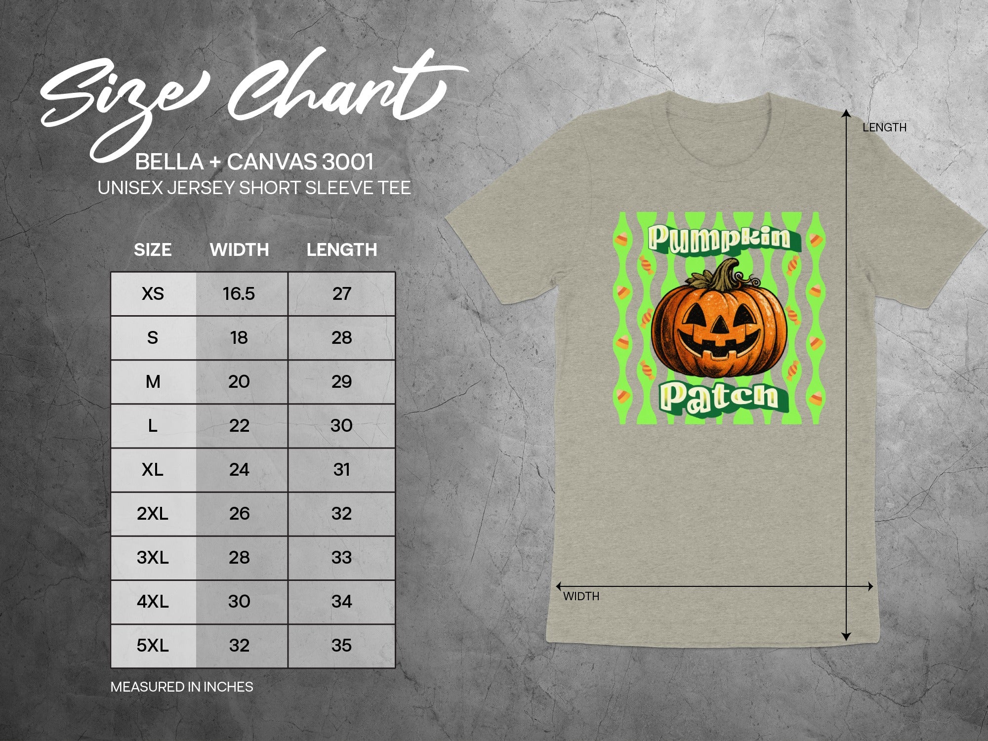 Bella + Canvas 3001 size chart for unisex jersey short sleeve tee with pumpkin design.