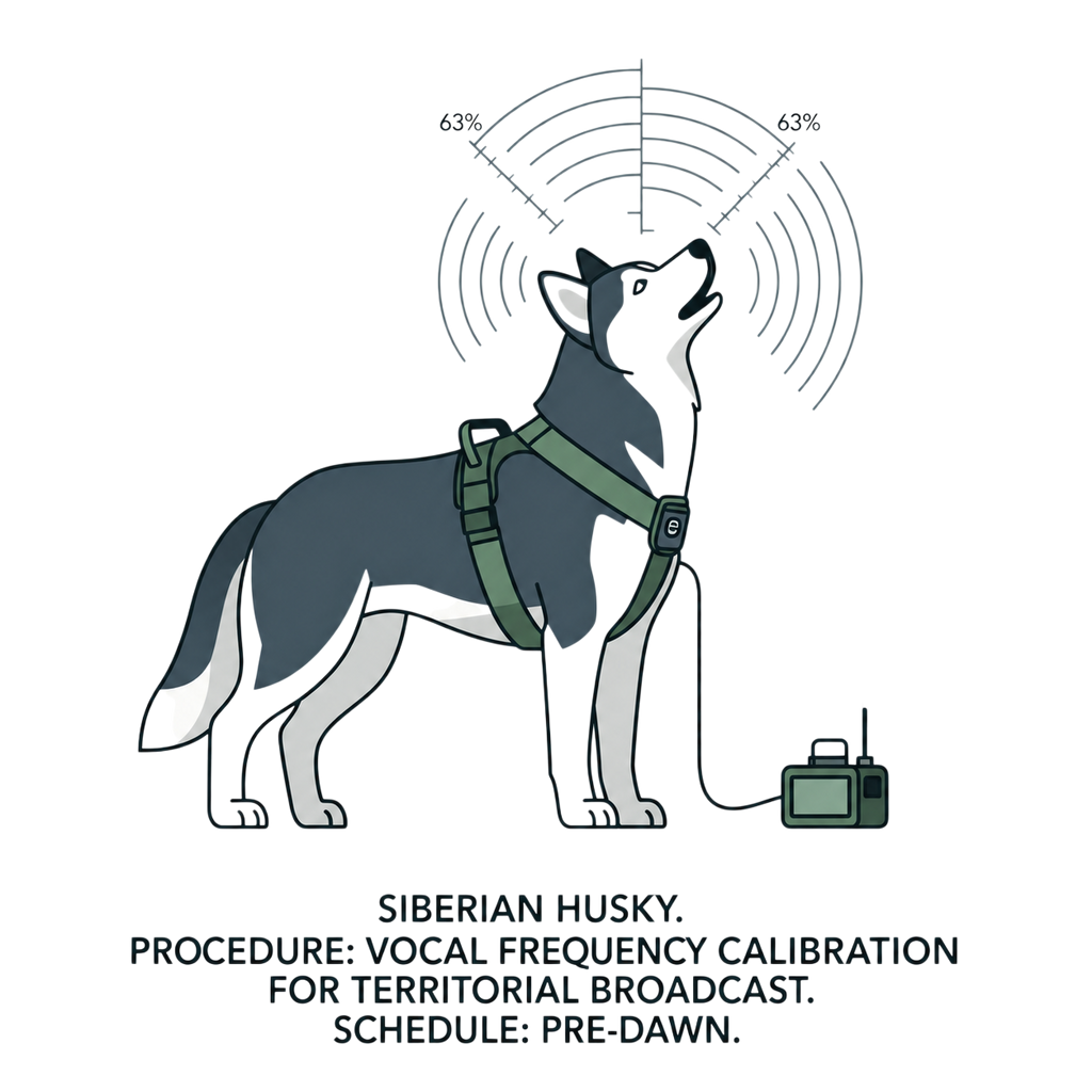 Siberian Husky vocalizing with equipment, vocal frequency calibration for territorial broadcast.