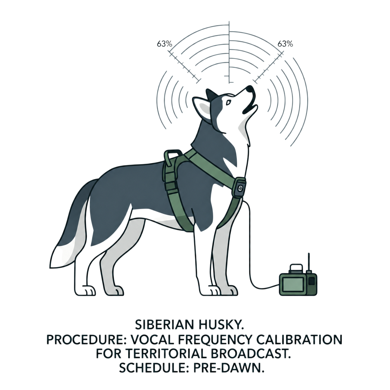 Siberian Husky vocalizing with equipment, vocal frequency calibration for territorial broadcast.