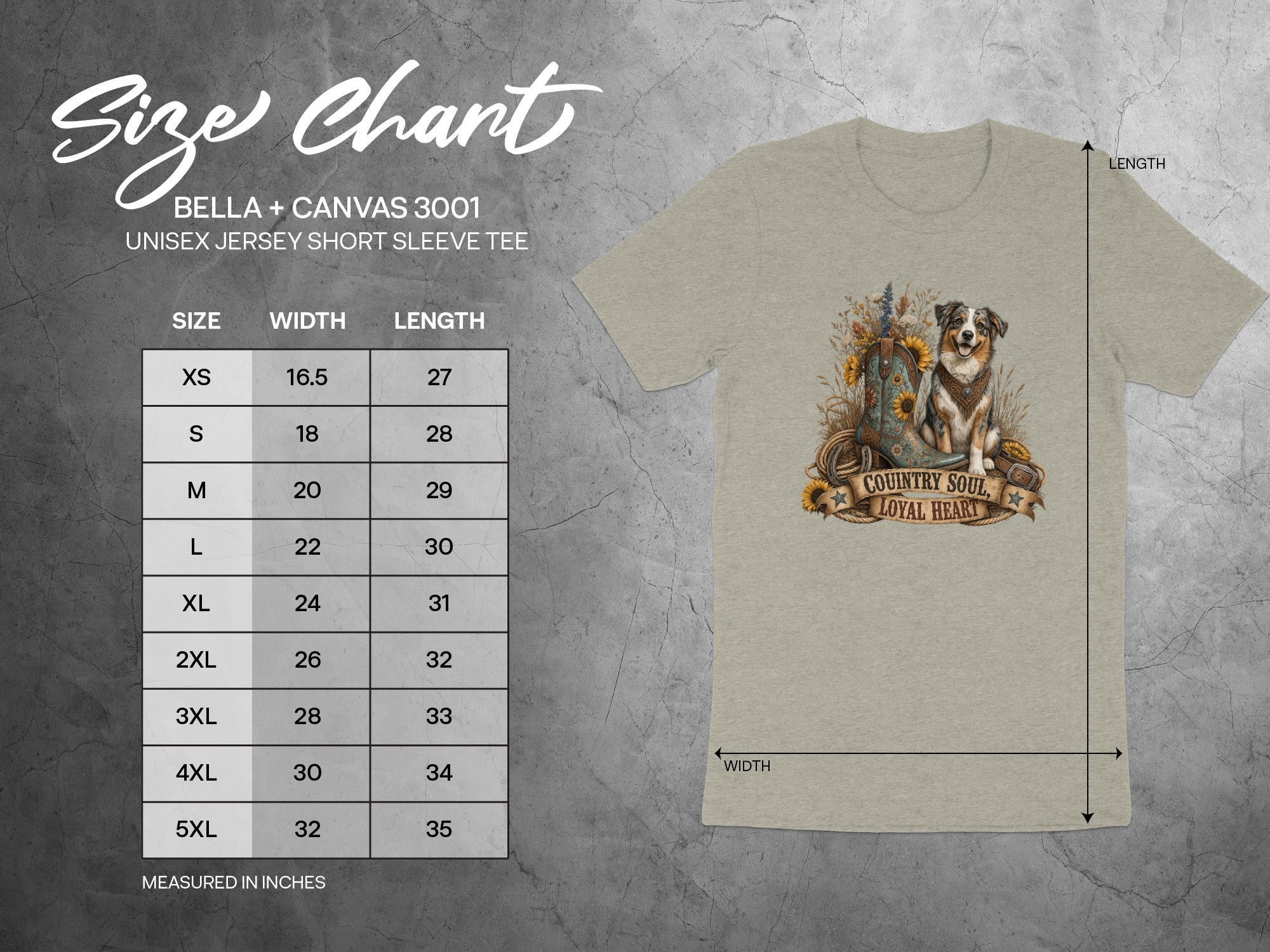 Size chart for Bella + Canvas 3001 unisex short sleeve tee with graphic.