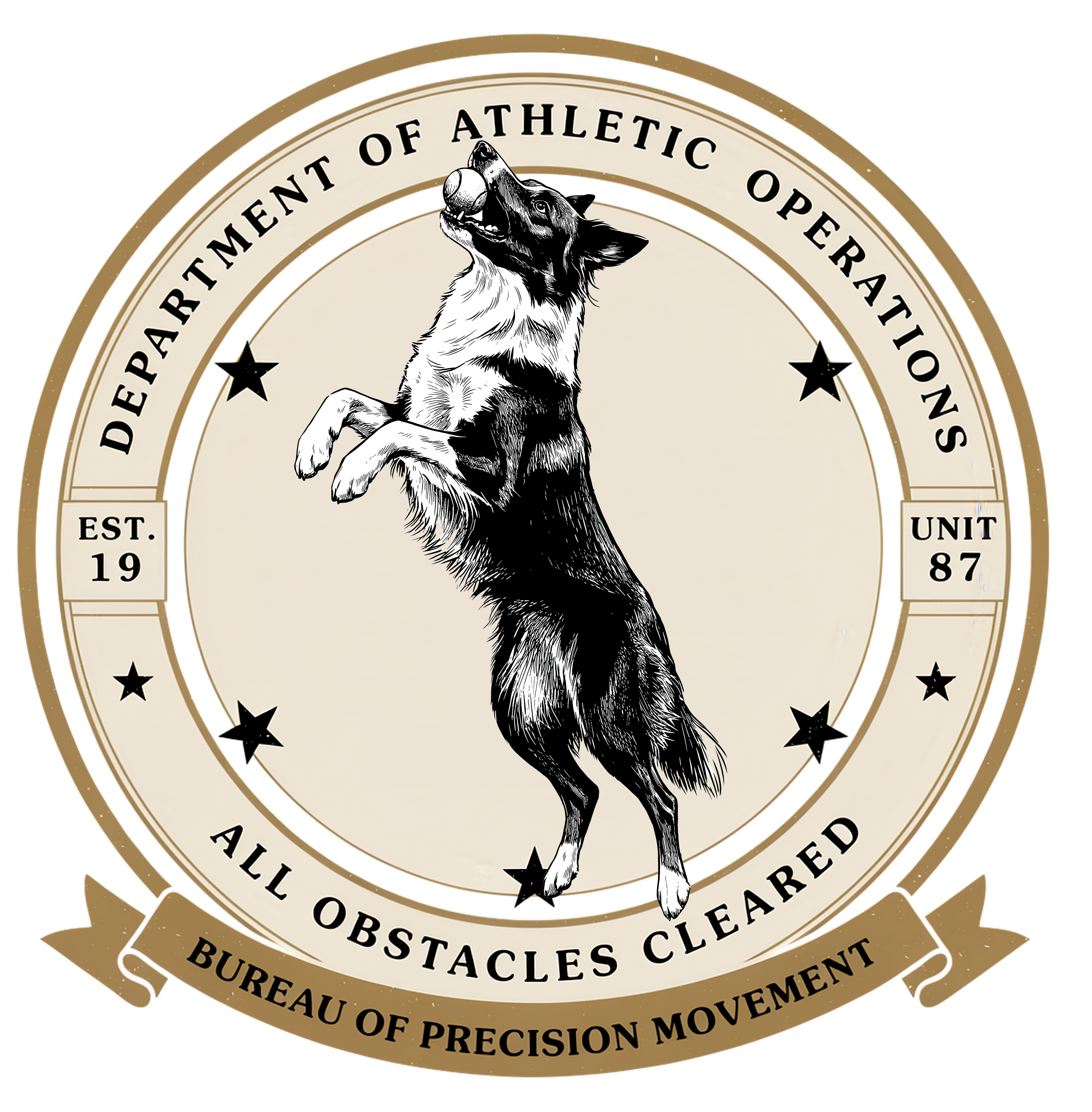 Department of Athletic Operations logo featuring a dog leaping for a ball, EST. 19, UNIT 87.
