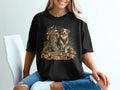Black t-shirt graphic with cowboy boot, dog, sunflowers, and text "COUNTRY SOUL, LOYAL HEART".