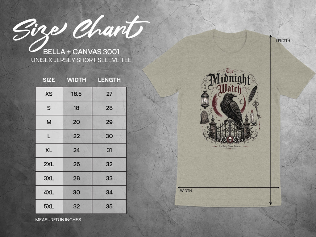 Size chart for Bella + Canvas 3001 unisex jersey short sleeve tee in inches.