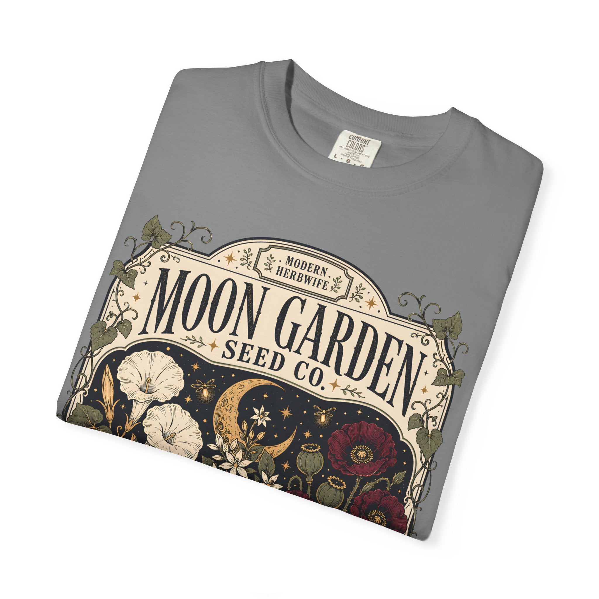 Moon Garden Seed Co T-Shirt - Vintage Botanical Modern Herbwife Shirt - Celestial Cottagecore Floral Tee