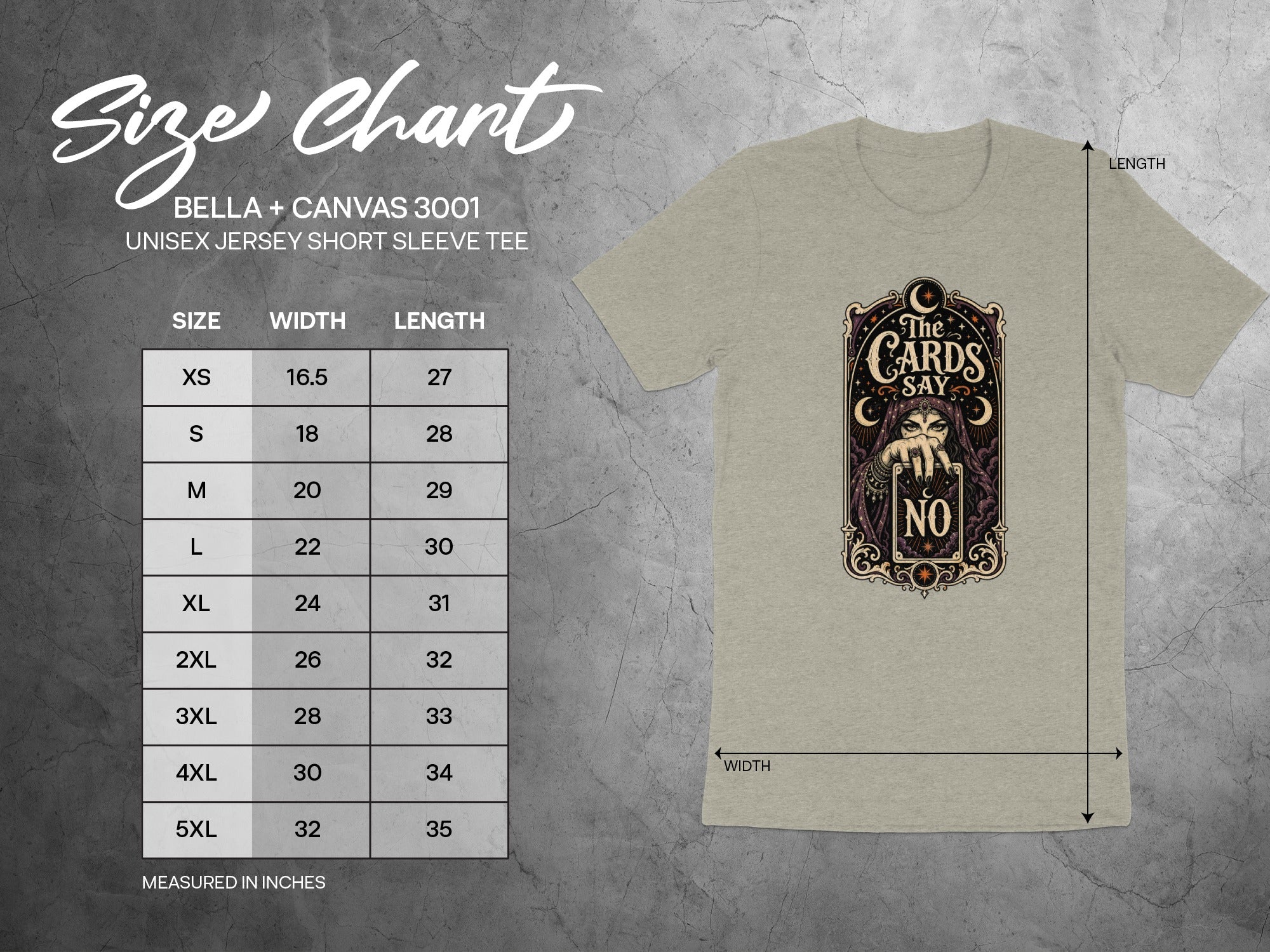 Bella + Canvas 3001 t-shirt size chart with width and length measurements in inches.