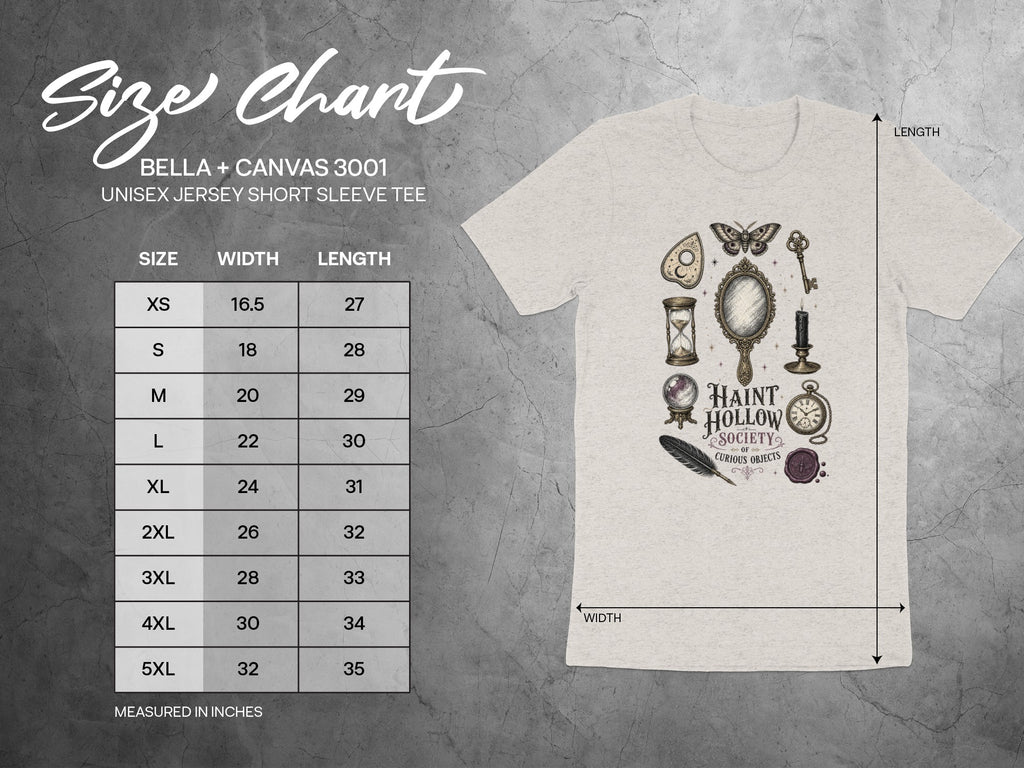 Bella + Canvas 3001 size chart for unisex short sleeve tee with width and length measurements.
