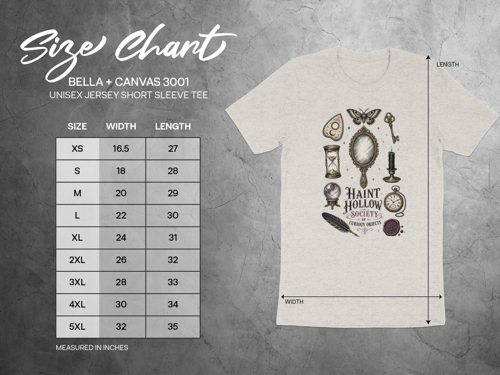 Bella + Canvas 3001 size chart for unisex short sleeve tee with width and length measurements.