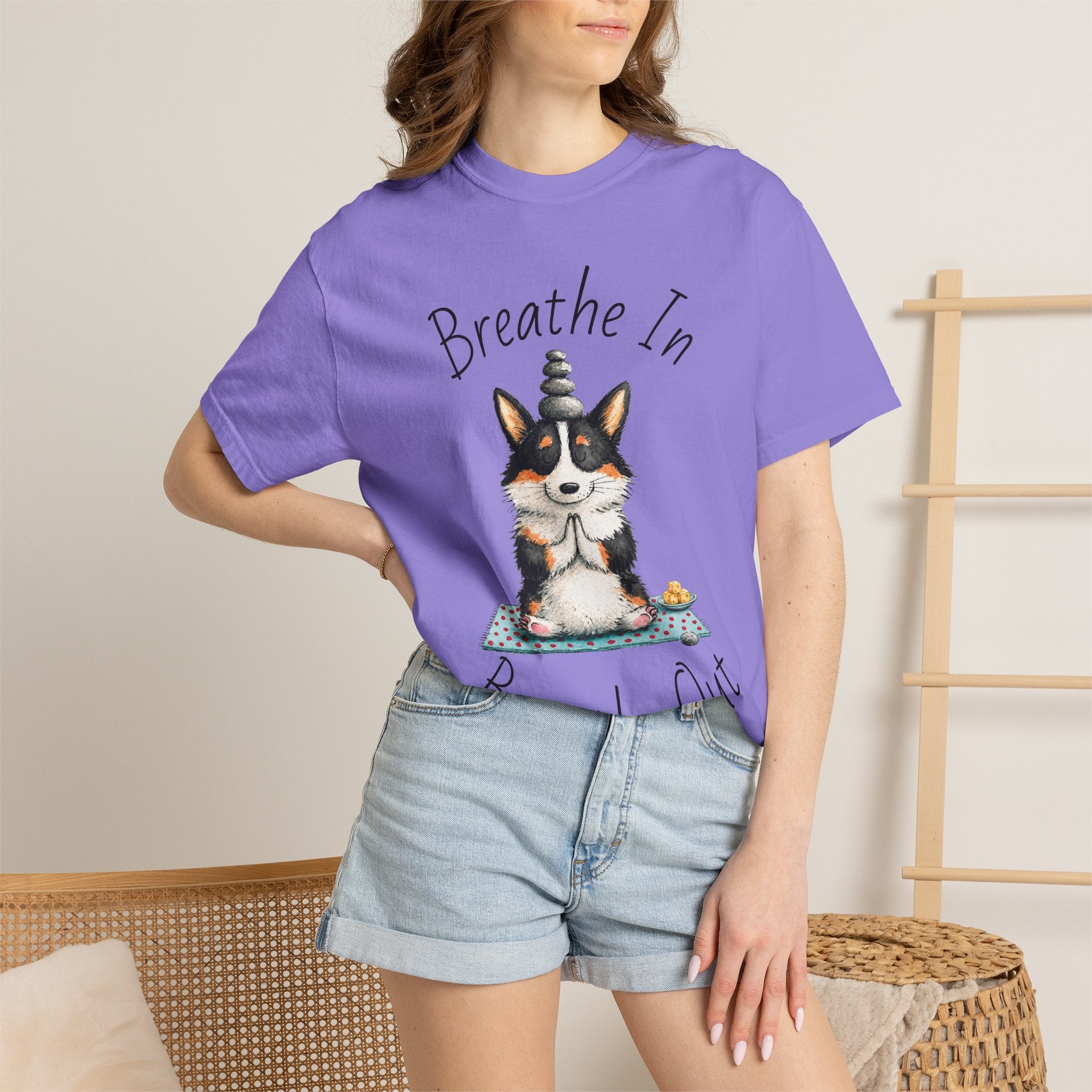 Meditating Corgi T-Shirt — "Breathe In, Breathe Out" Cute Yoga Dog Tee