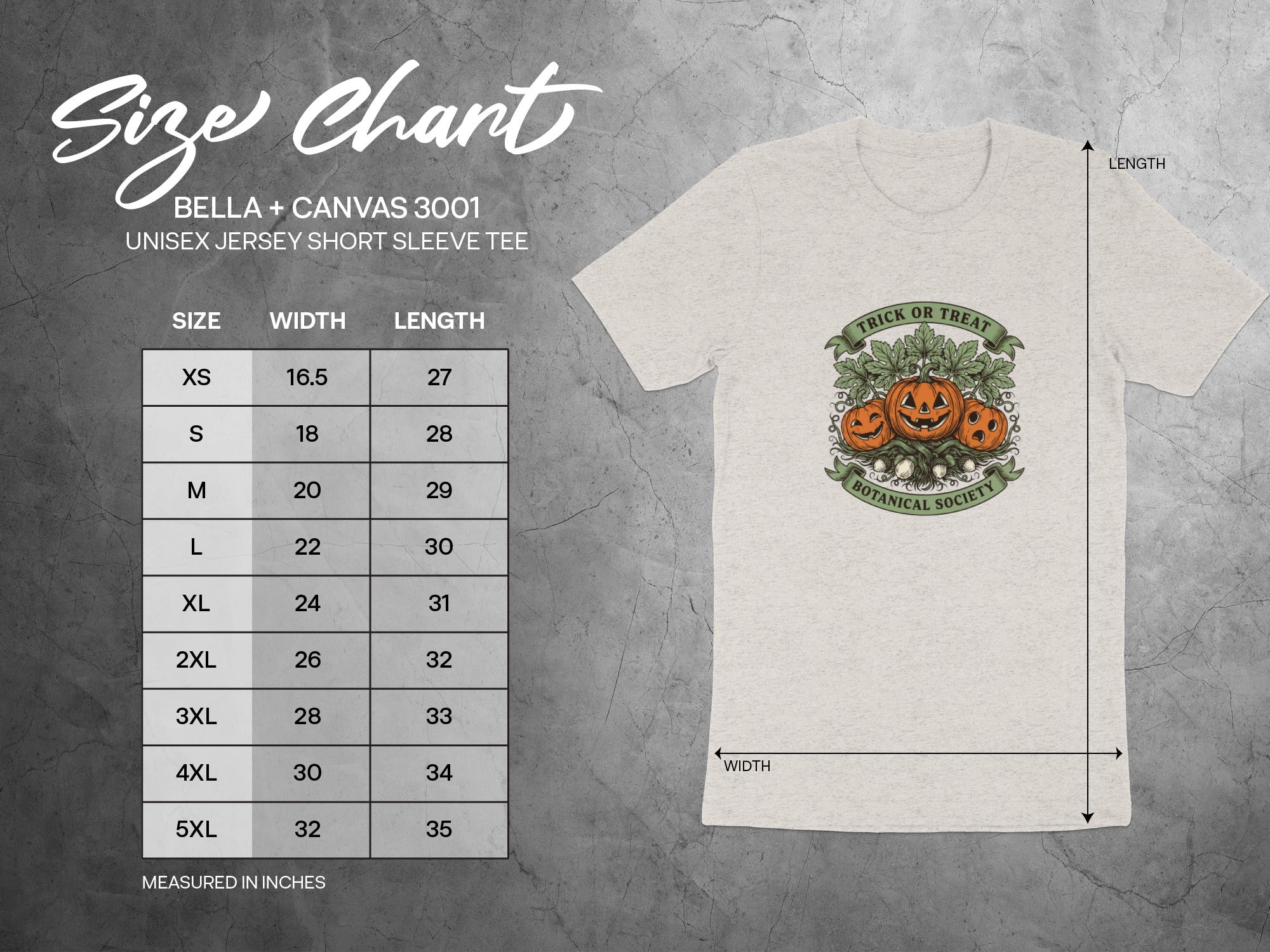 Bella + Canvas 3001 size chart for unisex short sleeve tees with width and length measurements.