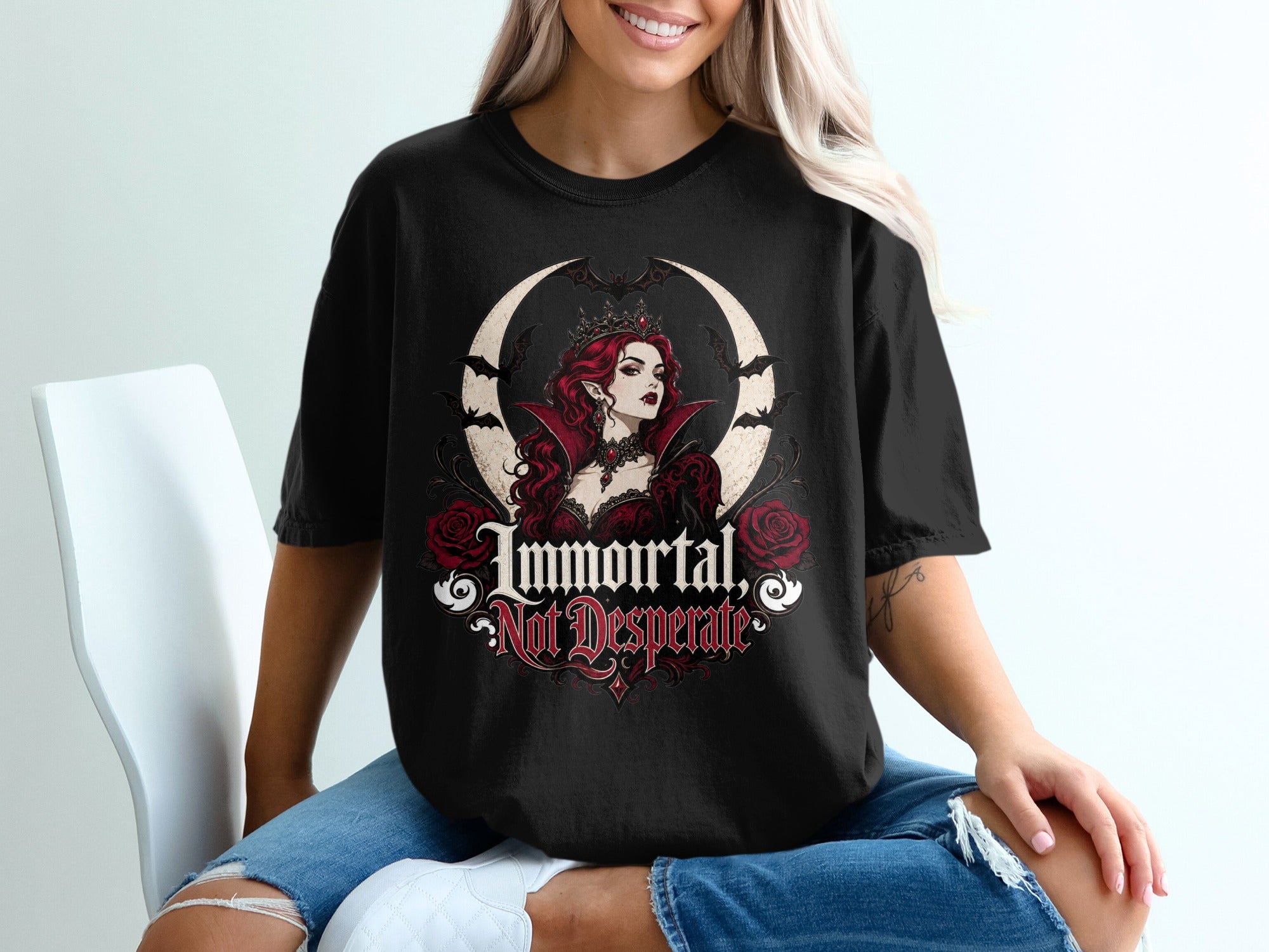 Black t-shirt with vampire queen design and text "Immortal, Not Desperate".