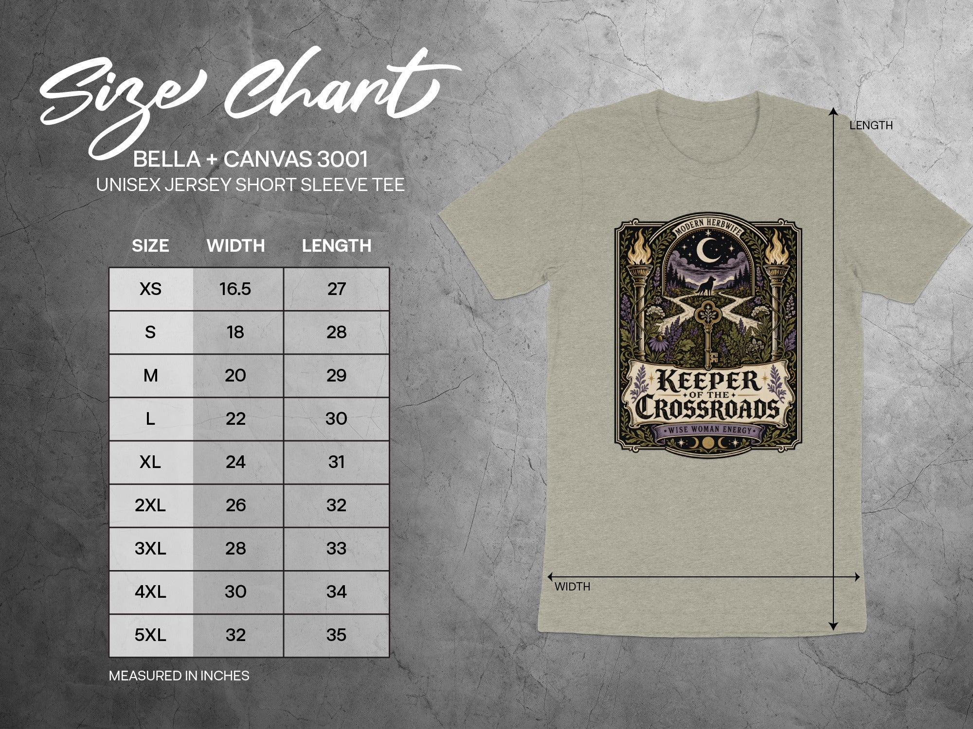 Bella + Canvas 3001 unisex tee size chart in inches with design.
