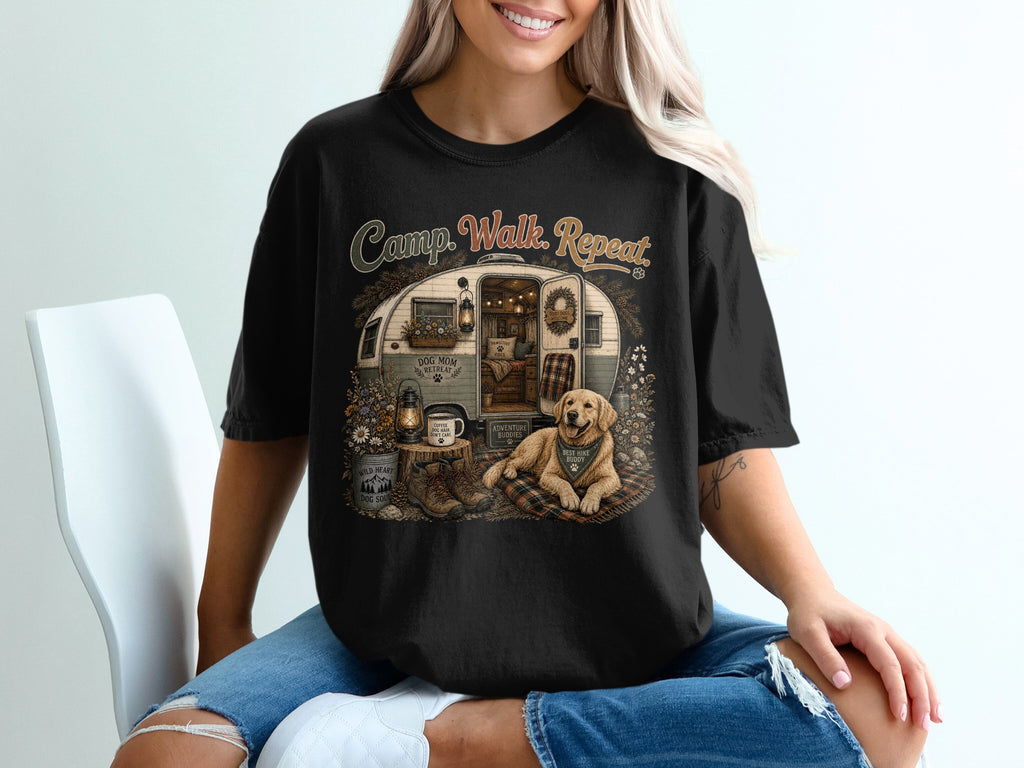 Black t-shirt with camper, dog, and "Camp. Walk. Repeat." text.
