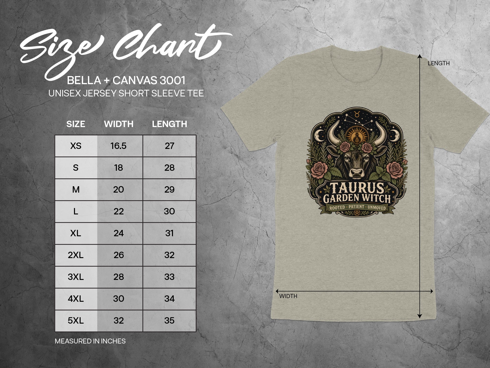 BELLA + CANVAS 3001 unisex tee size chart with width and length measurements in inches.
