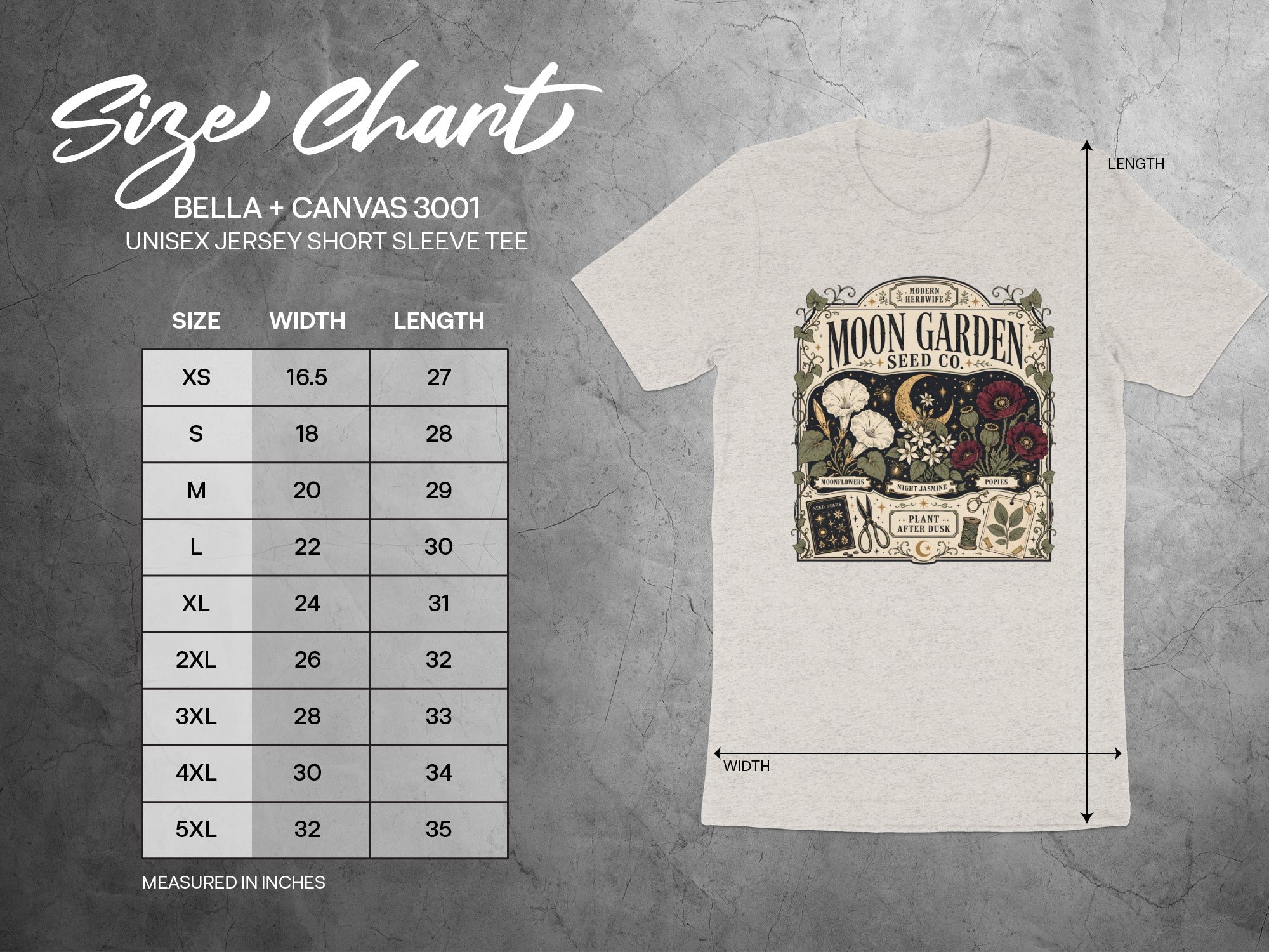 Size chart for Bella + Canvas 3001 unisex tee with Moon Garden Seed Co. graphic.