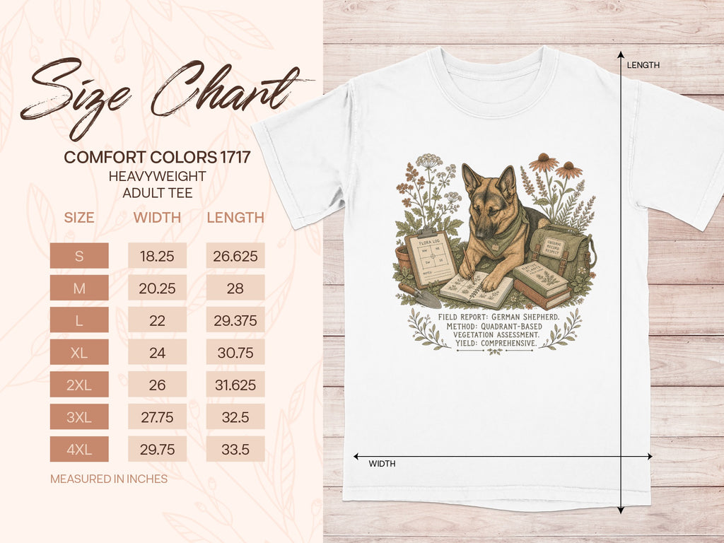 German Shepherd field report illustration on a Comfort Colors heavyweight adult tee with size chart.