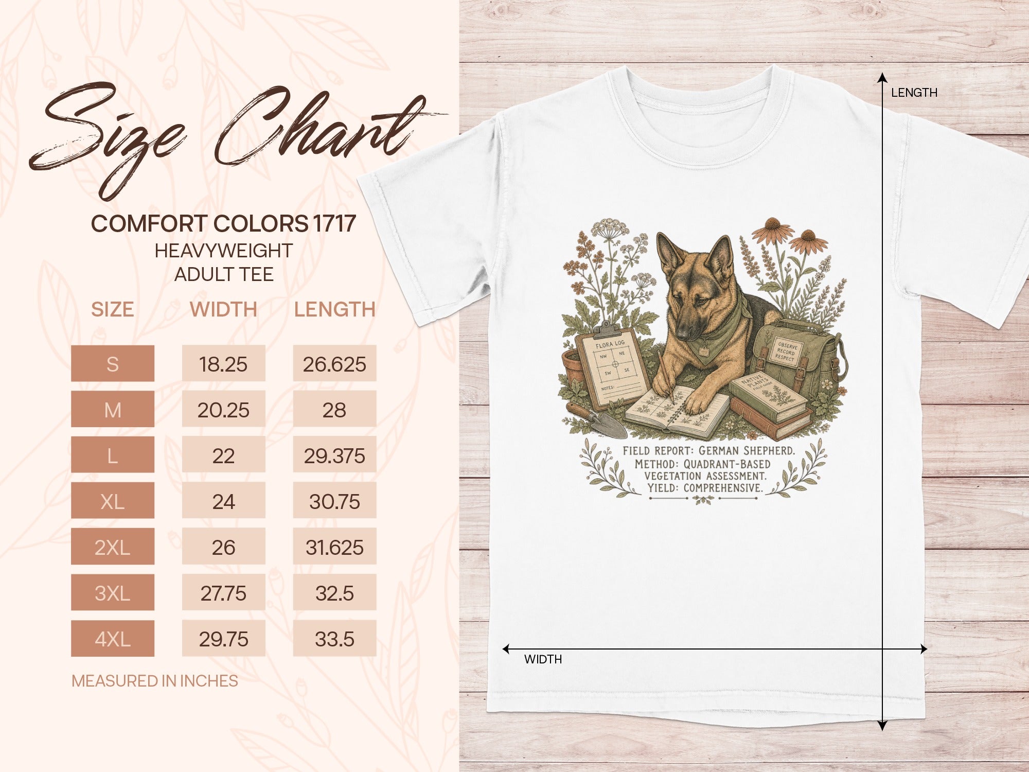 German Shepherd field report illustration on a Comfort Colors heavyweight adult tee with size chart.