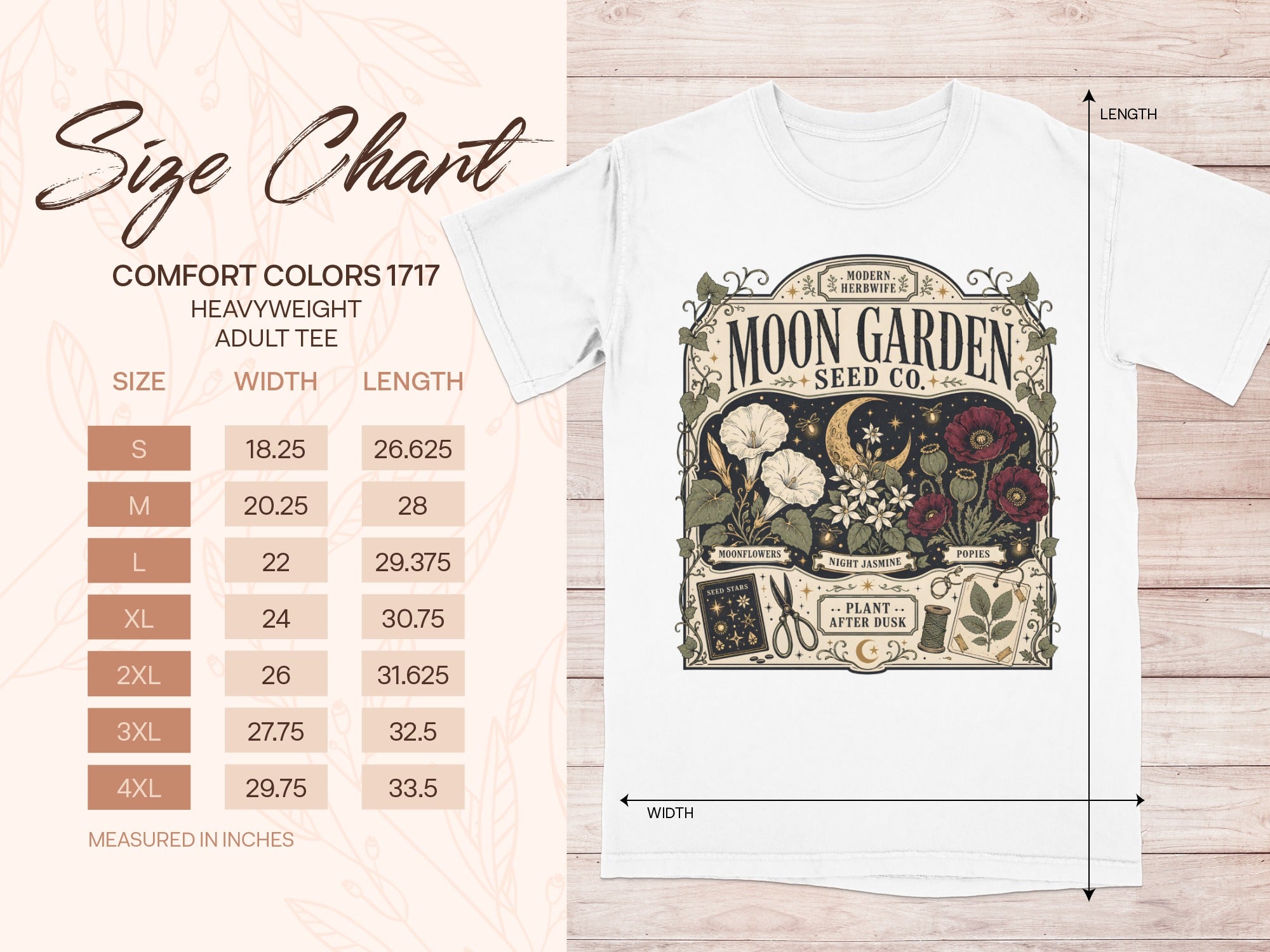 Size chart for Comfort Colors 1717 heavyweight adult tee with "Moon Garden Seed Co." graphic.