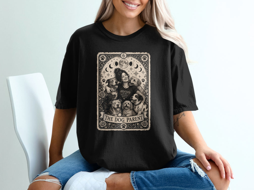 Black t-shirt with "The Dog Parent" tarot card design featuring dogs and moons.