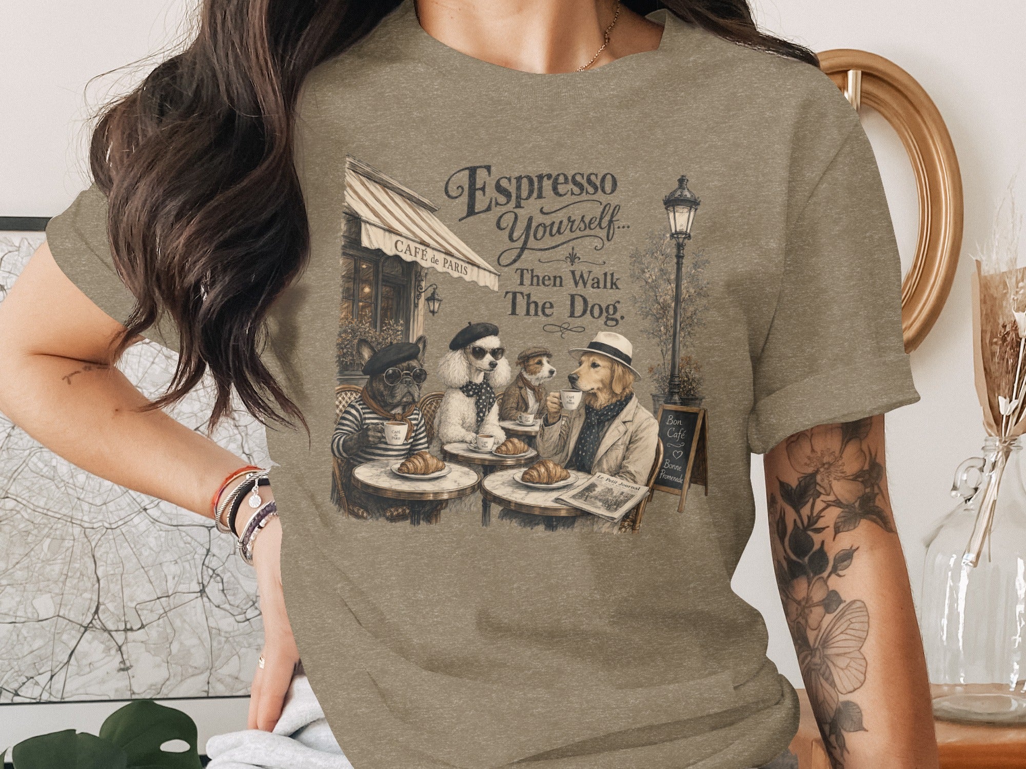 Dogs enjoying coffee at a Paris cafe with text "Espresso Yourself... Then Walk The Dog."