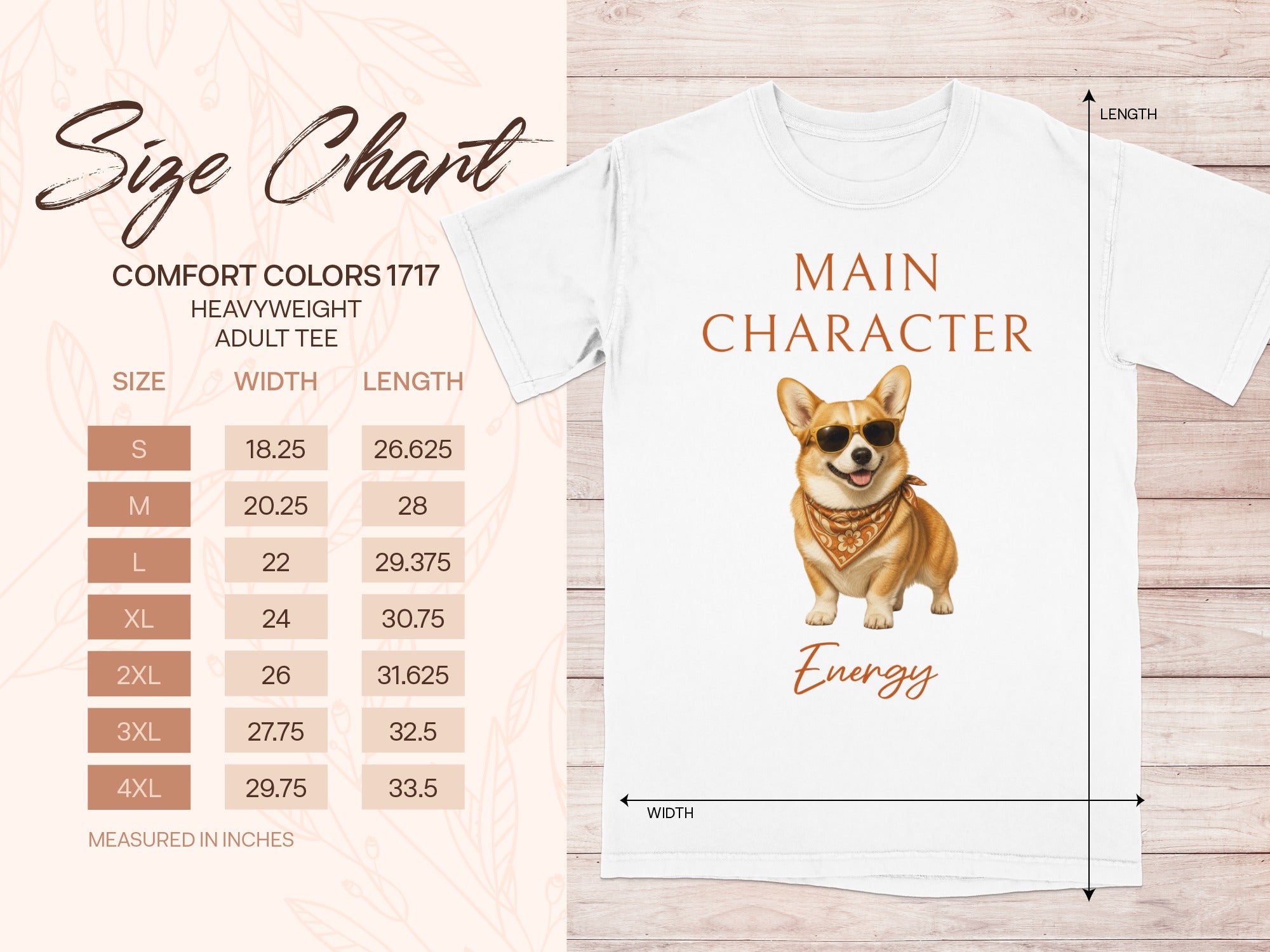 White t-shirt with "MAIN CHARACTER Energy" and corgi graphic. Size chart included.