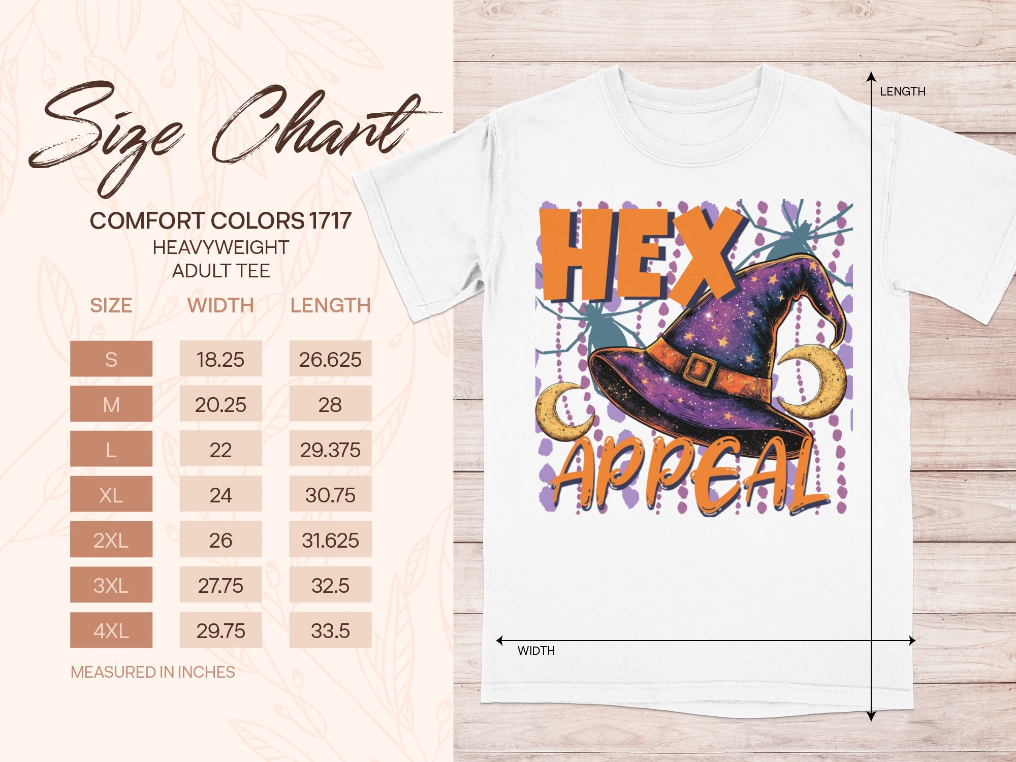 Comfort Colors 1717 heavyweight adult tee size chart with "Hex Appeal" graphic.