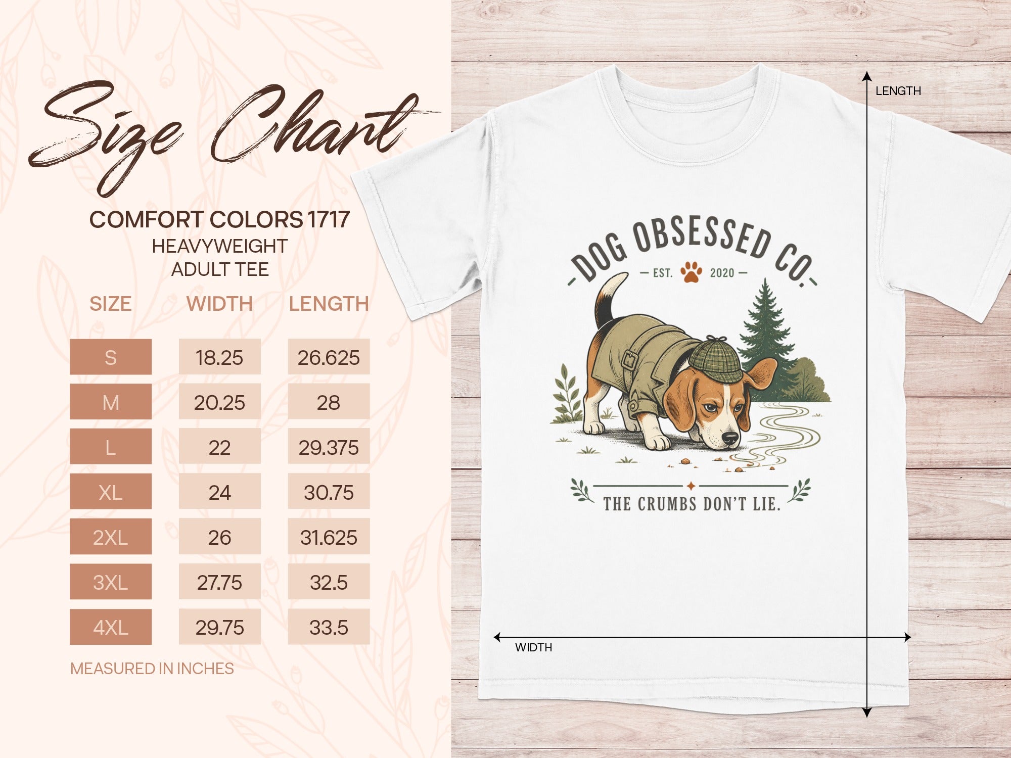 Size chart for adult tees, with dog graphic and text "The Crumbs Don't Lie."