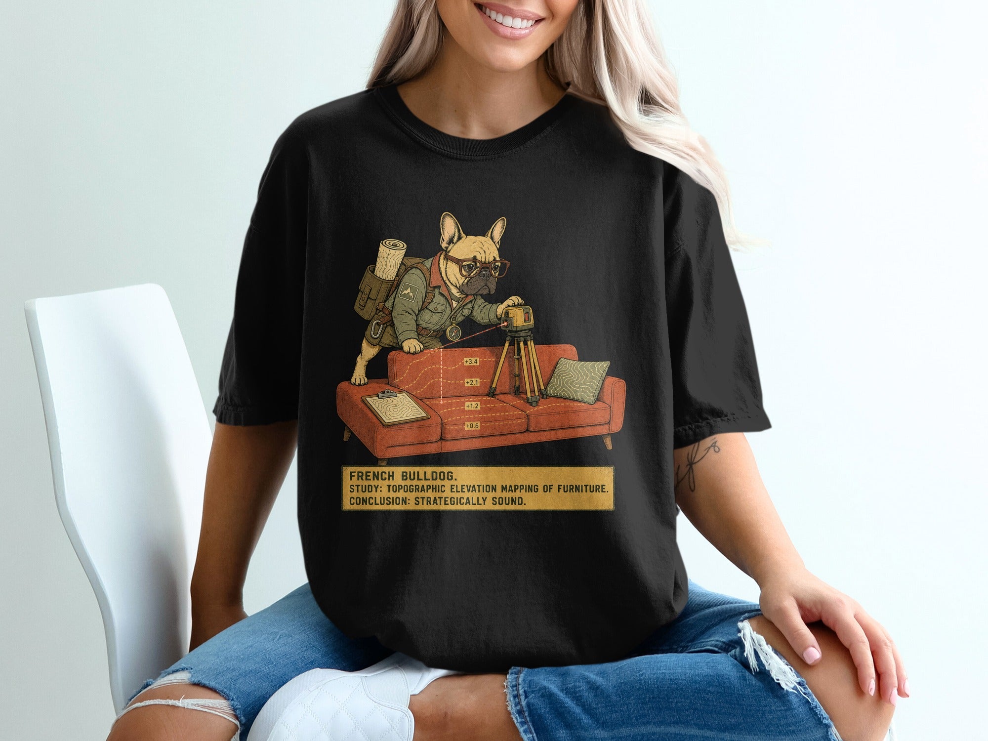 French Bulldog with surveyor's equipment on a couch, text about furniture elevation.