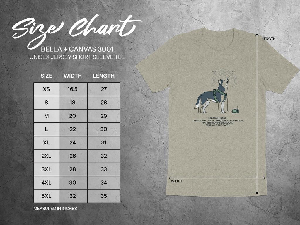 Size chart for Bella+Canvas 3001 unisex short sleeve tee with Siberian husky graphic.