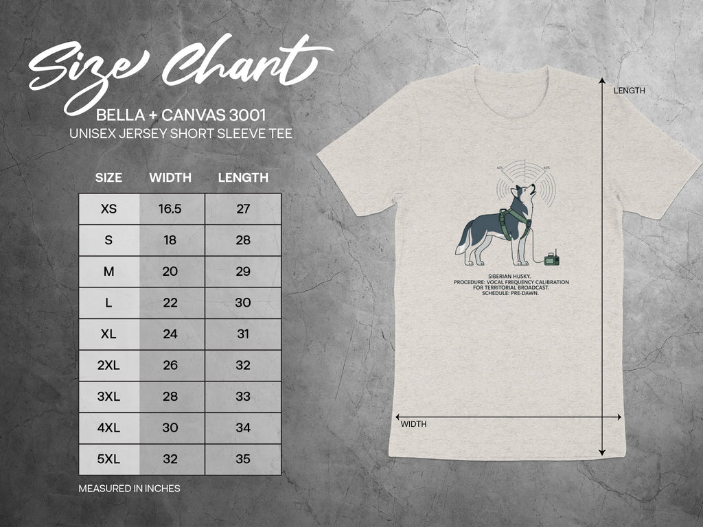 Size chart for Bella + Canvas 3001 unisex jersey short sleeve tee.