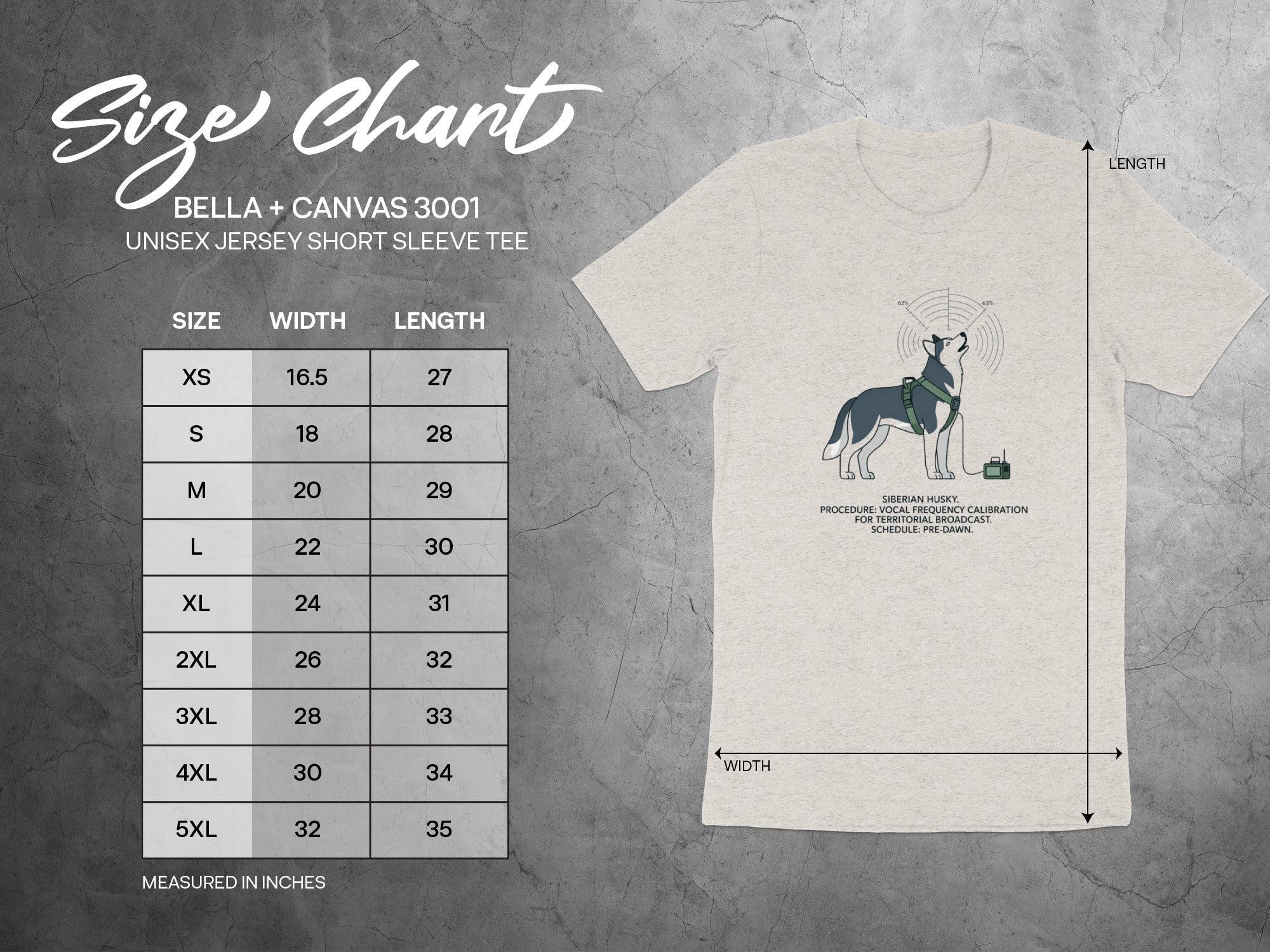 Size chart for Bella + Canvas 3001 unisex jersey short sleeve tee.