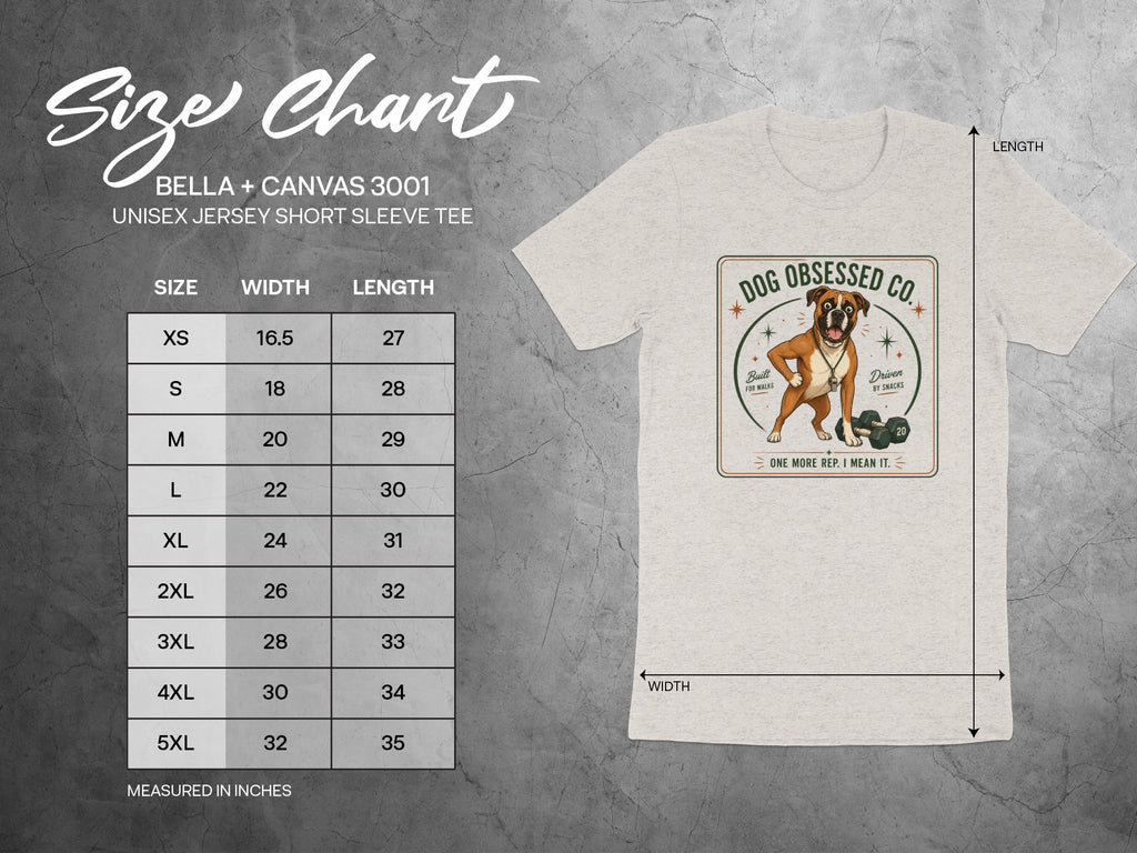 Size chart for Bella+Canvas 3001 Unisex Jersey Short Sleeve Tee.