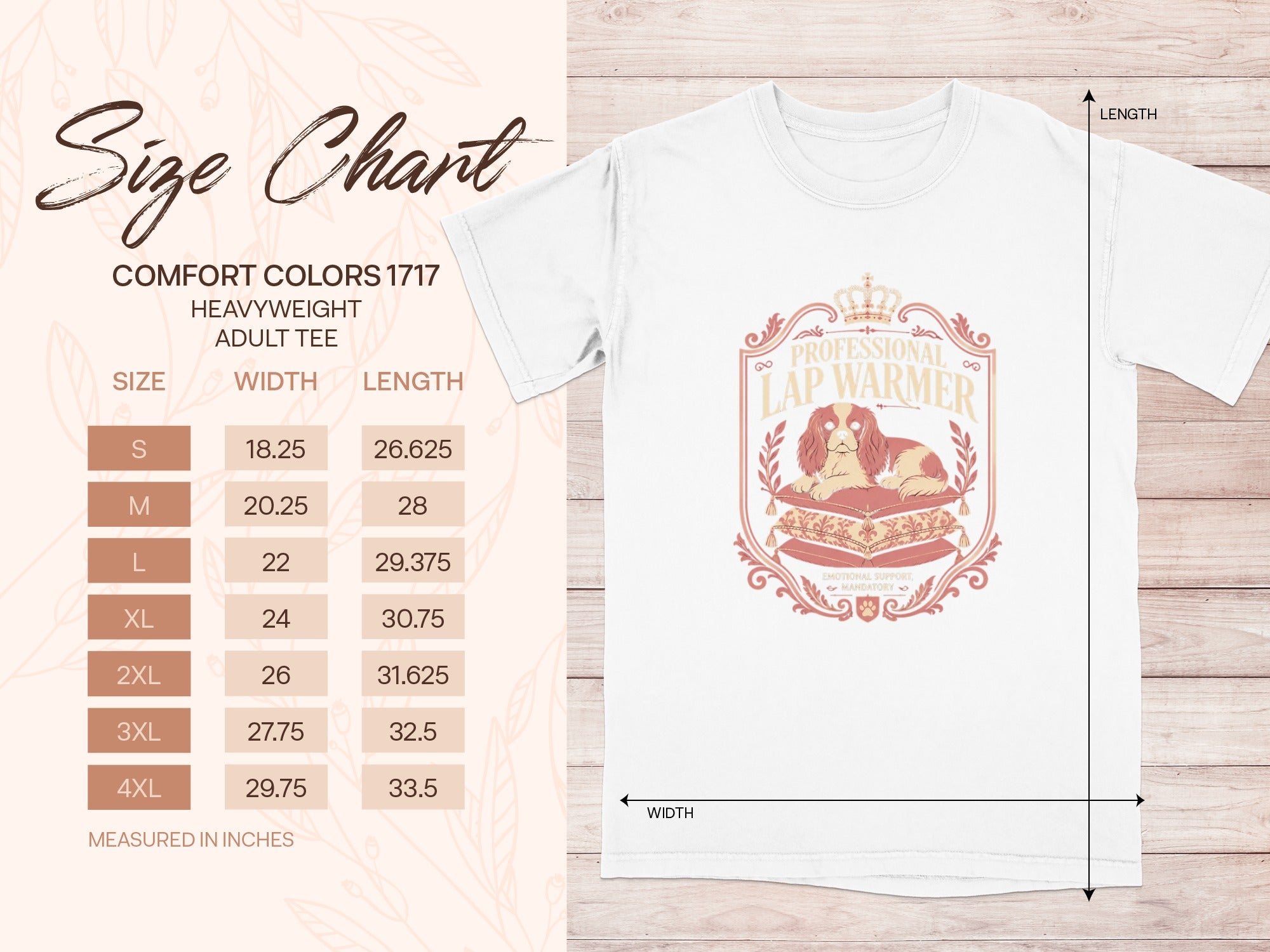 Comfort Colors 1717 adult tee size chart for sizes S-4XL with width and length.