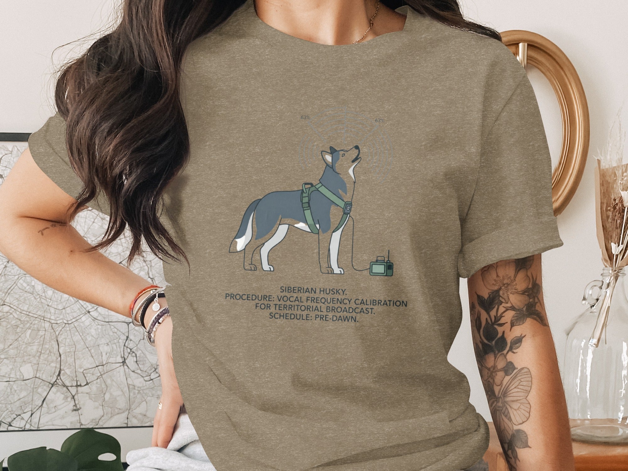 Siberian Husky with radio equipment, vocal frequency calibration text.