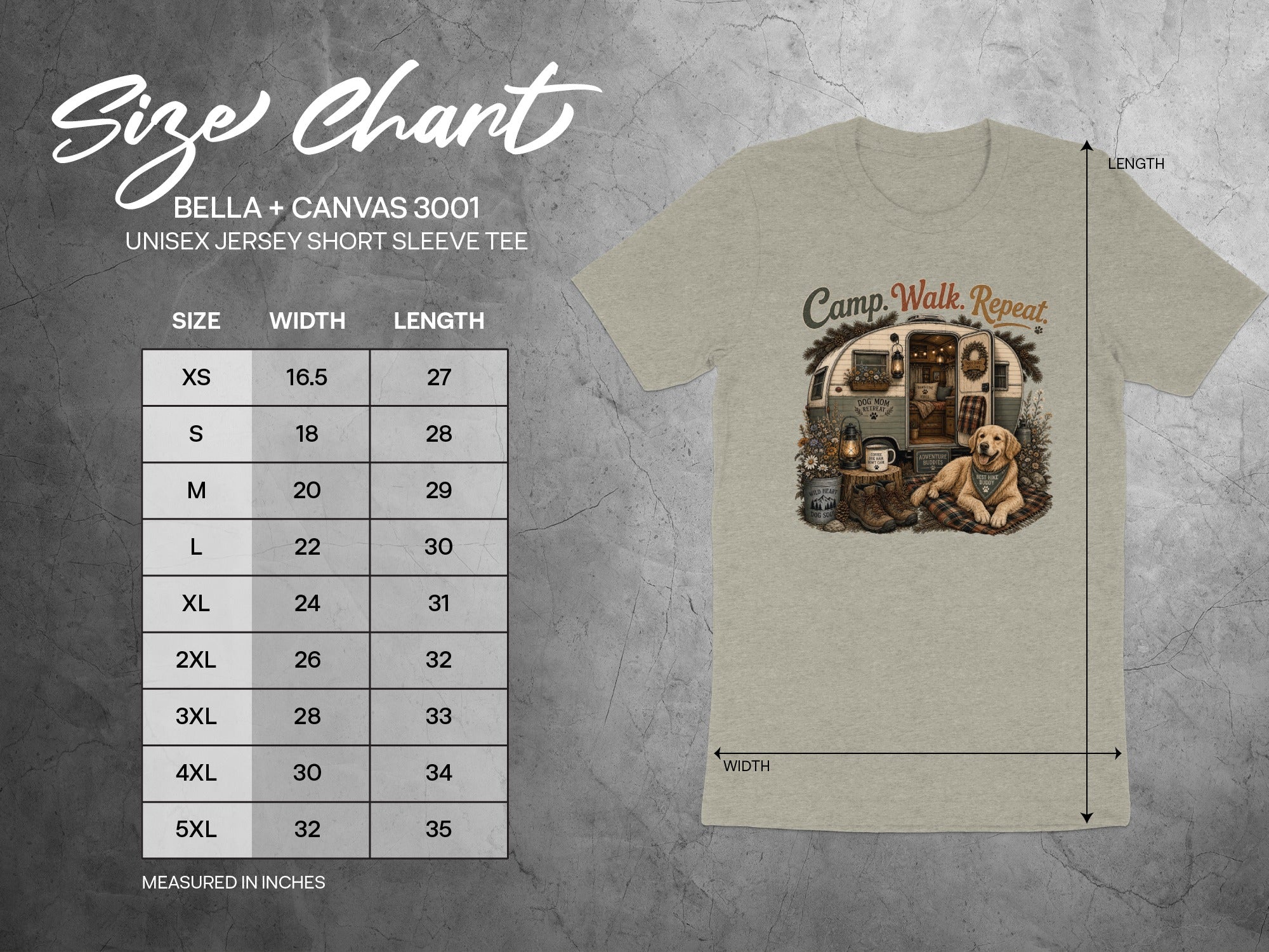 BELLA + CANVAS 3001 size chart for unisex short sleeve tee with dog camping graphic.
