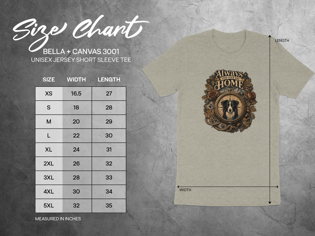 BELLA + CANVAS 3001 size chart for unisex short sleeve tee in inches.