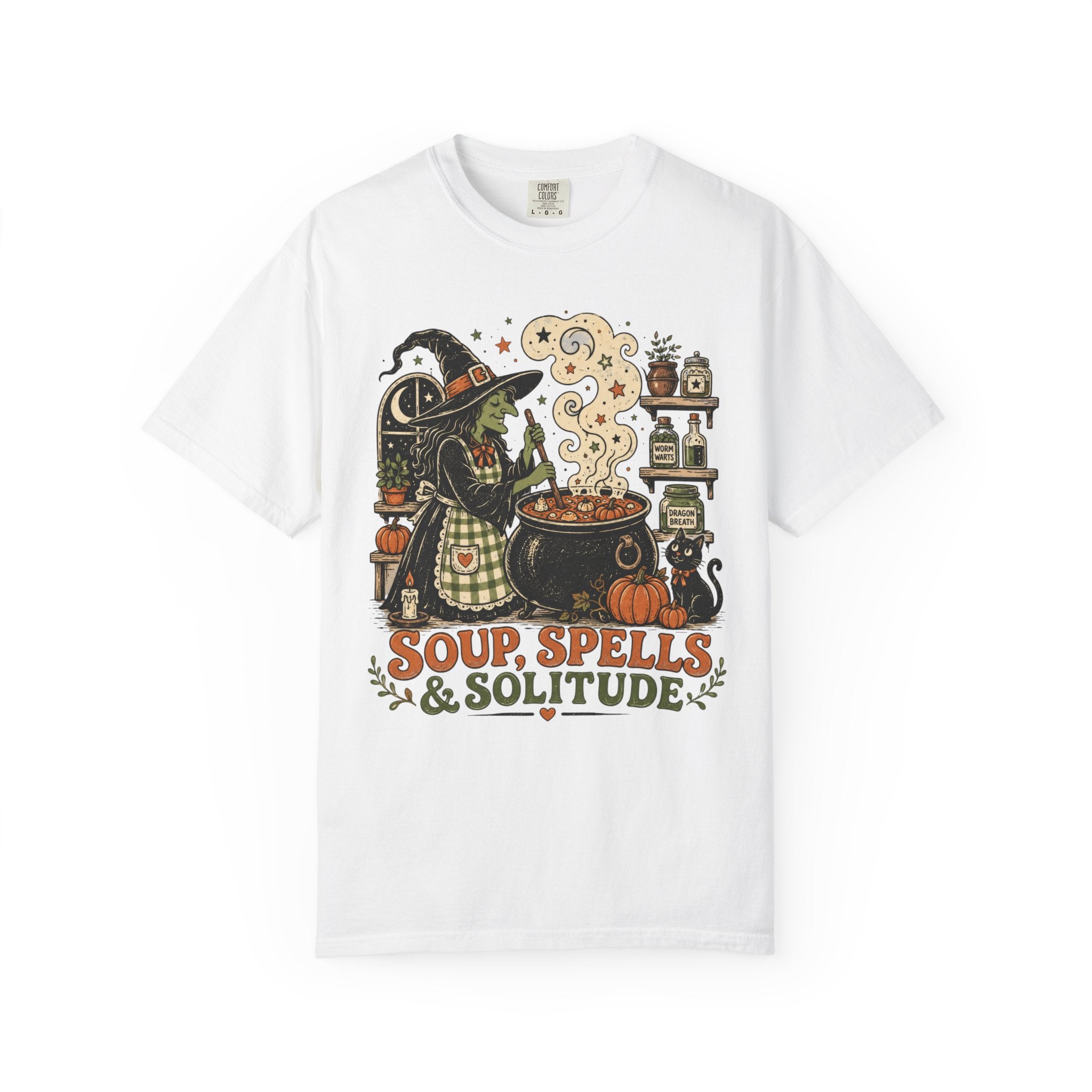 Soup Spells & Solitude Vintage Witch T-Shirt - Cozy Halloween Introvert Tee