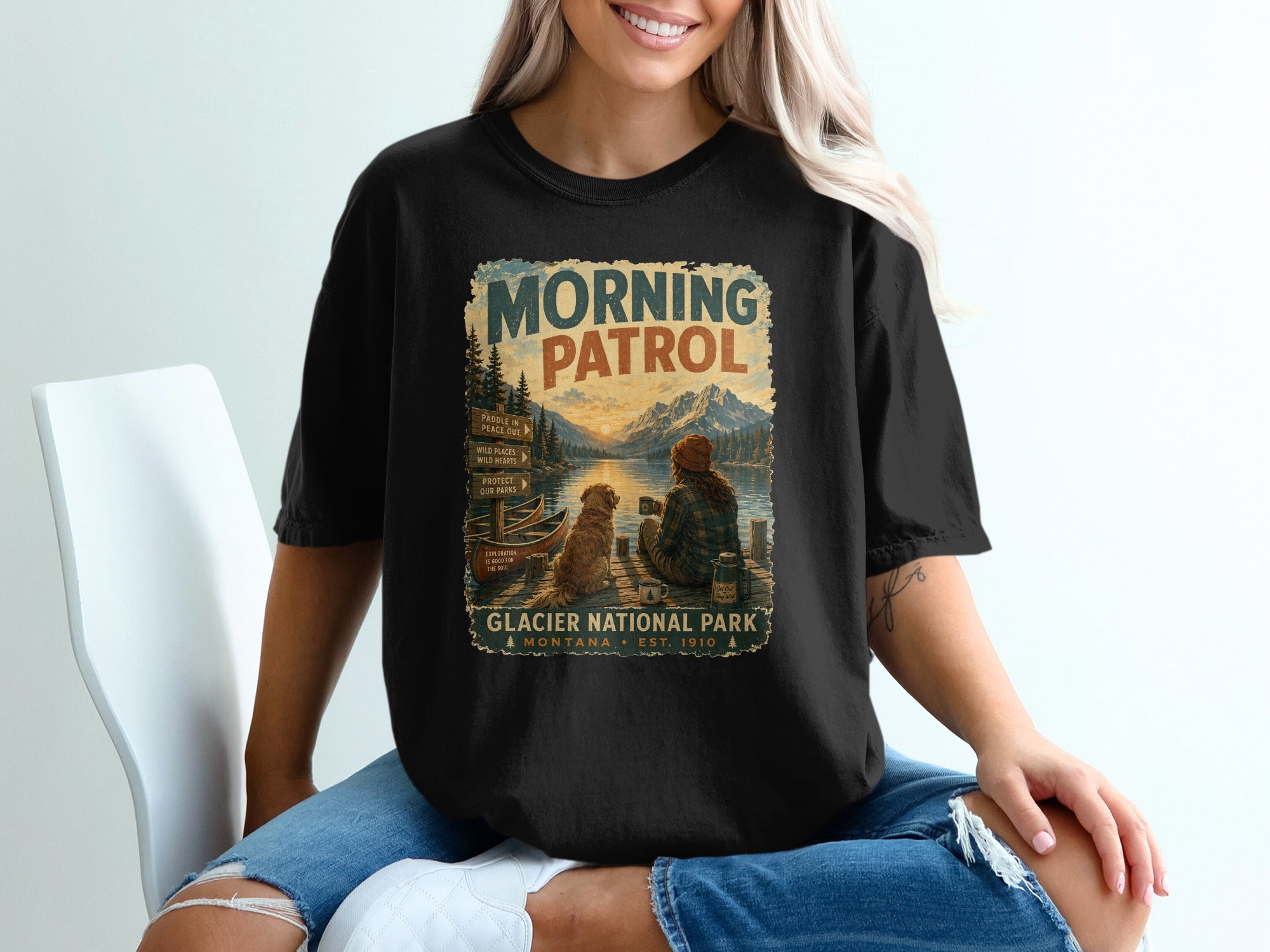 Glacier National Park "Morning Patrol" graphic with people, dog, lake, and mountains.
