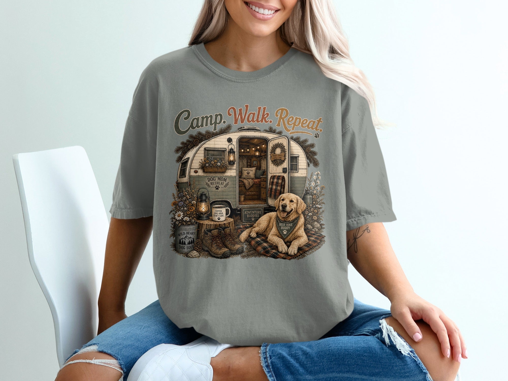 T-shirt features "Camp. Walk. Repeat." text with a dog, camper, and outdoor scene.