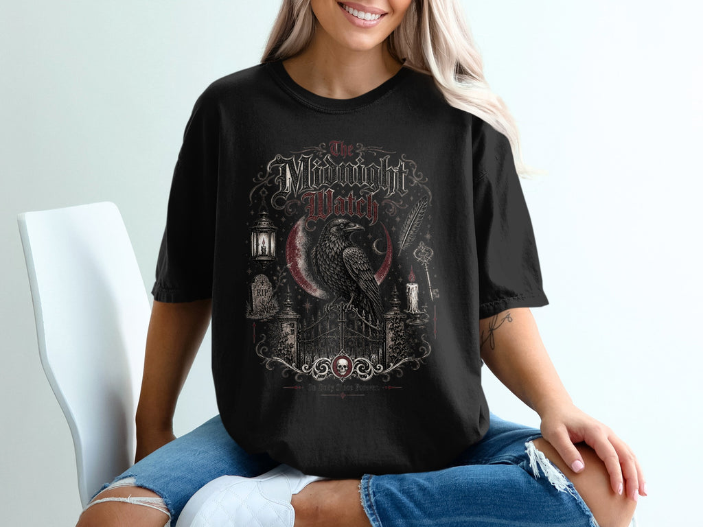 Black t-shirt with "The Midnight Watch" and raven design.