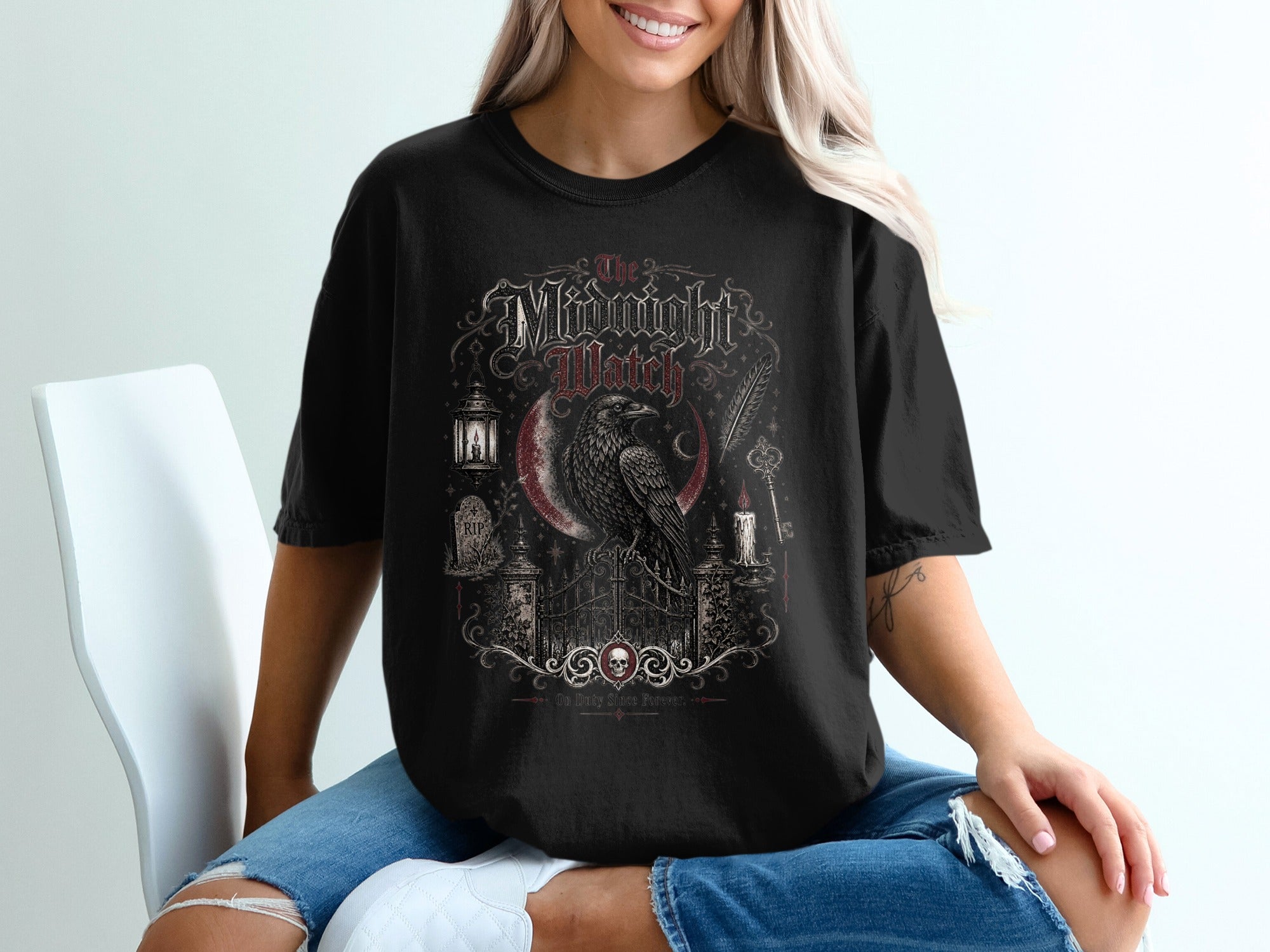 Black t-shirt with "The Midnight Watch" and raven design.