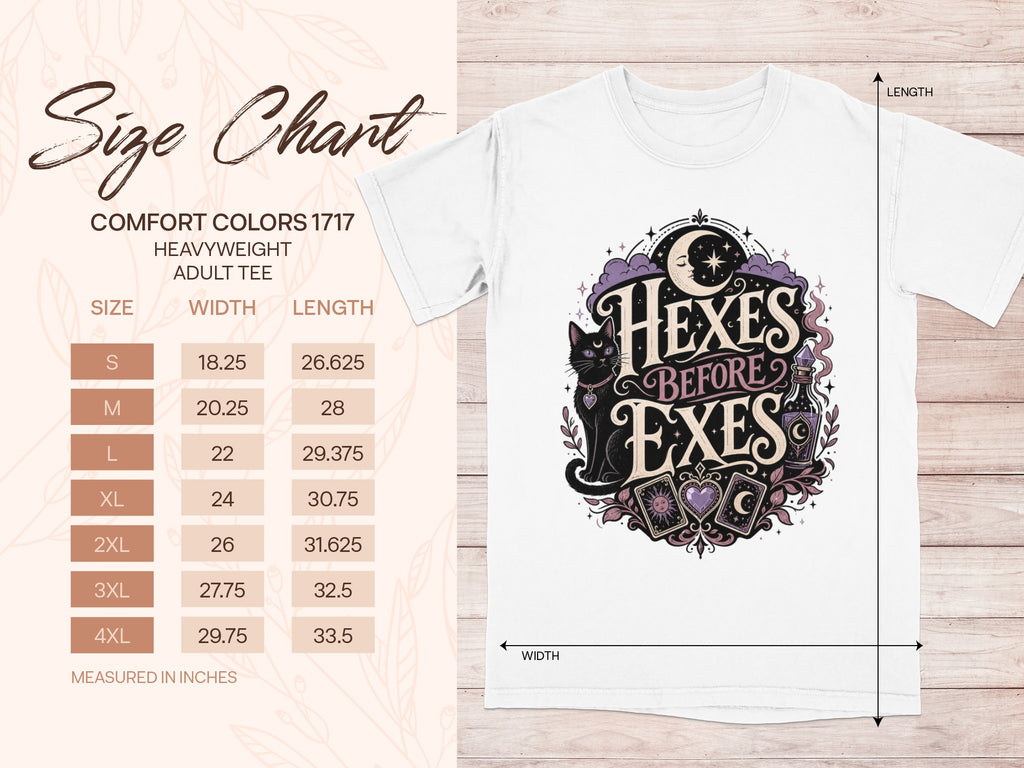 Size chart for Comfort Colors 1717 heavyweight adult tee with "Hexes Before Exes" graphic.