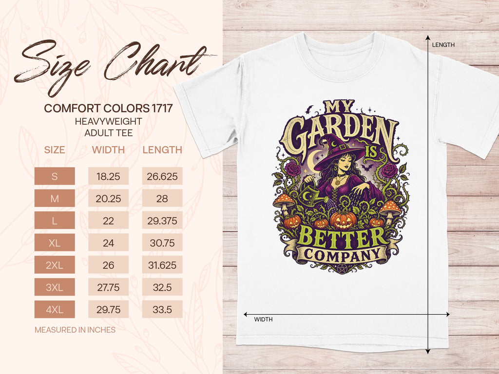 Comfort Colors 1717 Heavyweight Adult Tee size chart with measurements in inches.